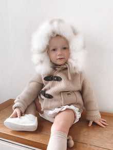 Unisex | Honeycomb Cashmere Pram Coat with White Print Trim | Beige