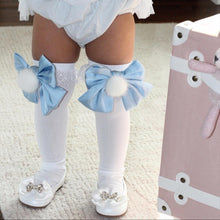 Girl | Lana Ruffle Socks with Poms and Bows Baby Bow | Blue x White
