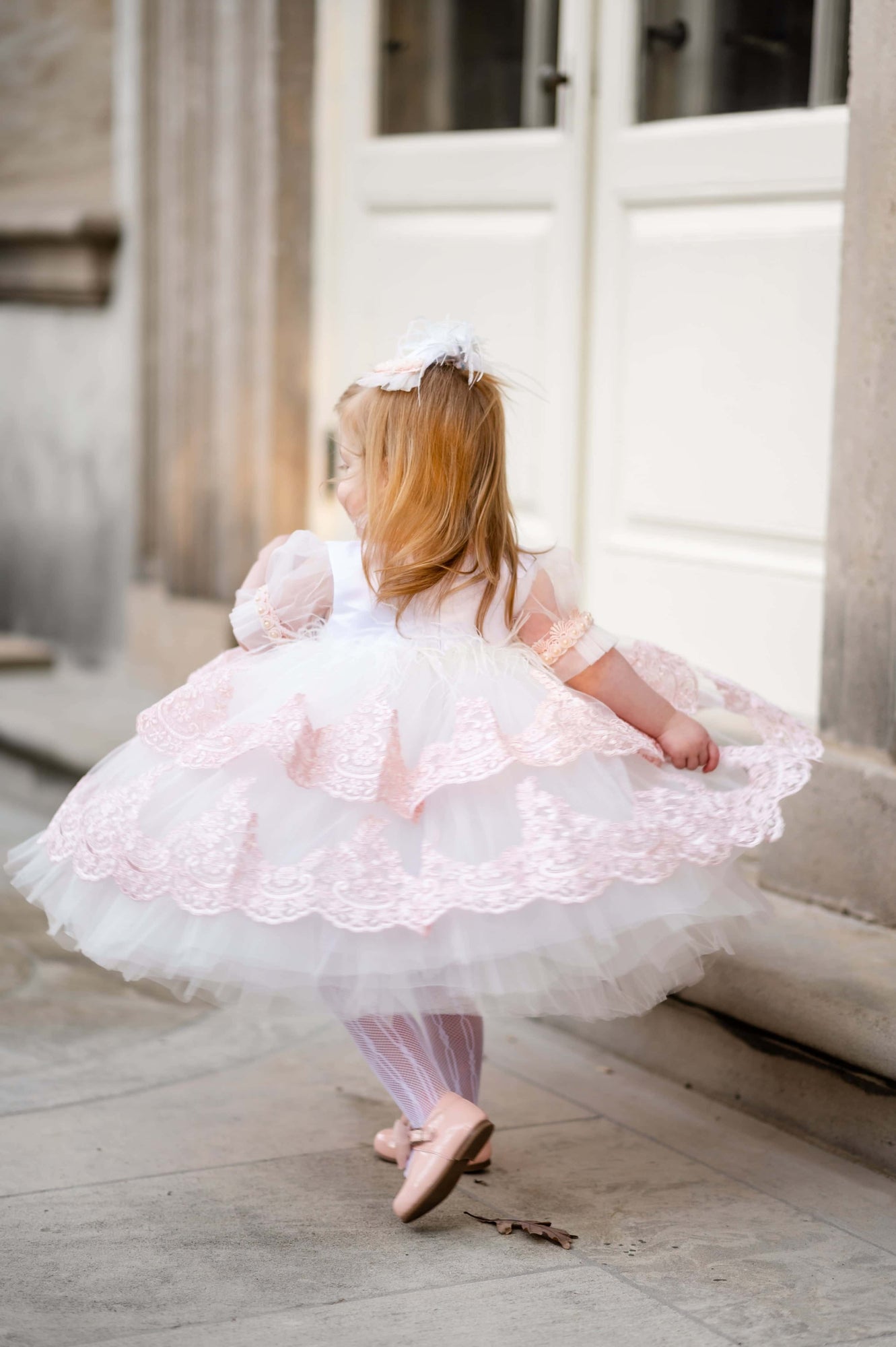 Girl | Laila Embroidered Feather Dress | White x Pink