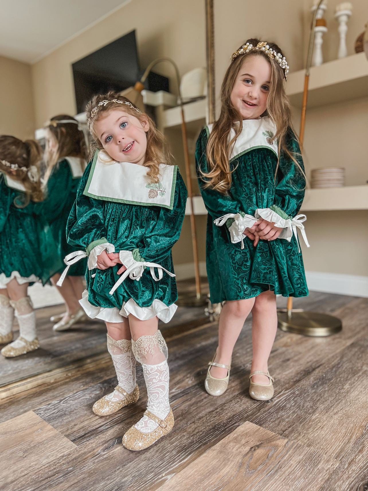 Girl | Everly Damask Velour Romper | Green