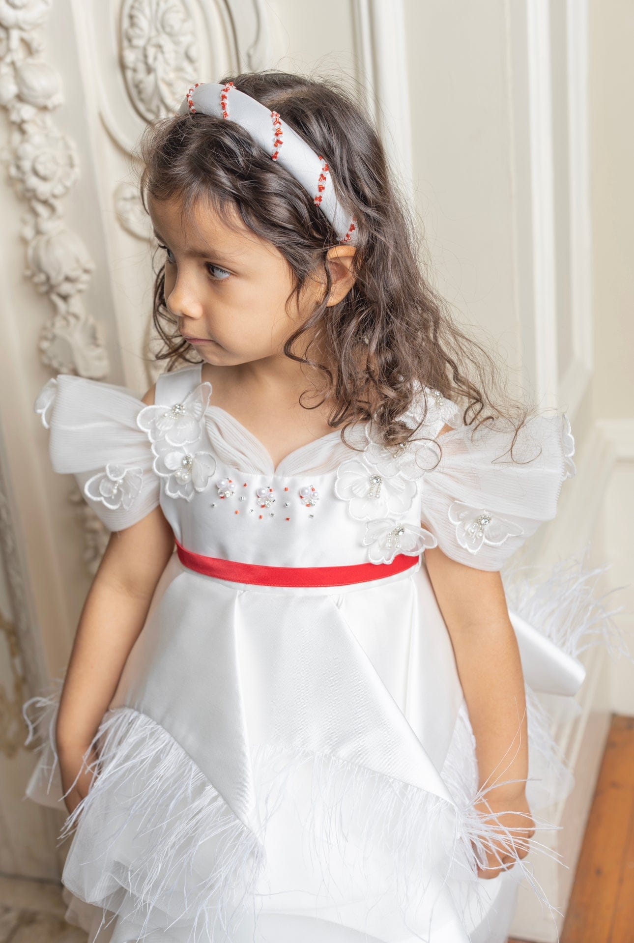 Girl | Constanza Ceremony Dress with Bow | White x Red