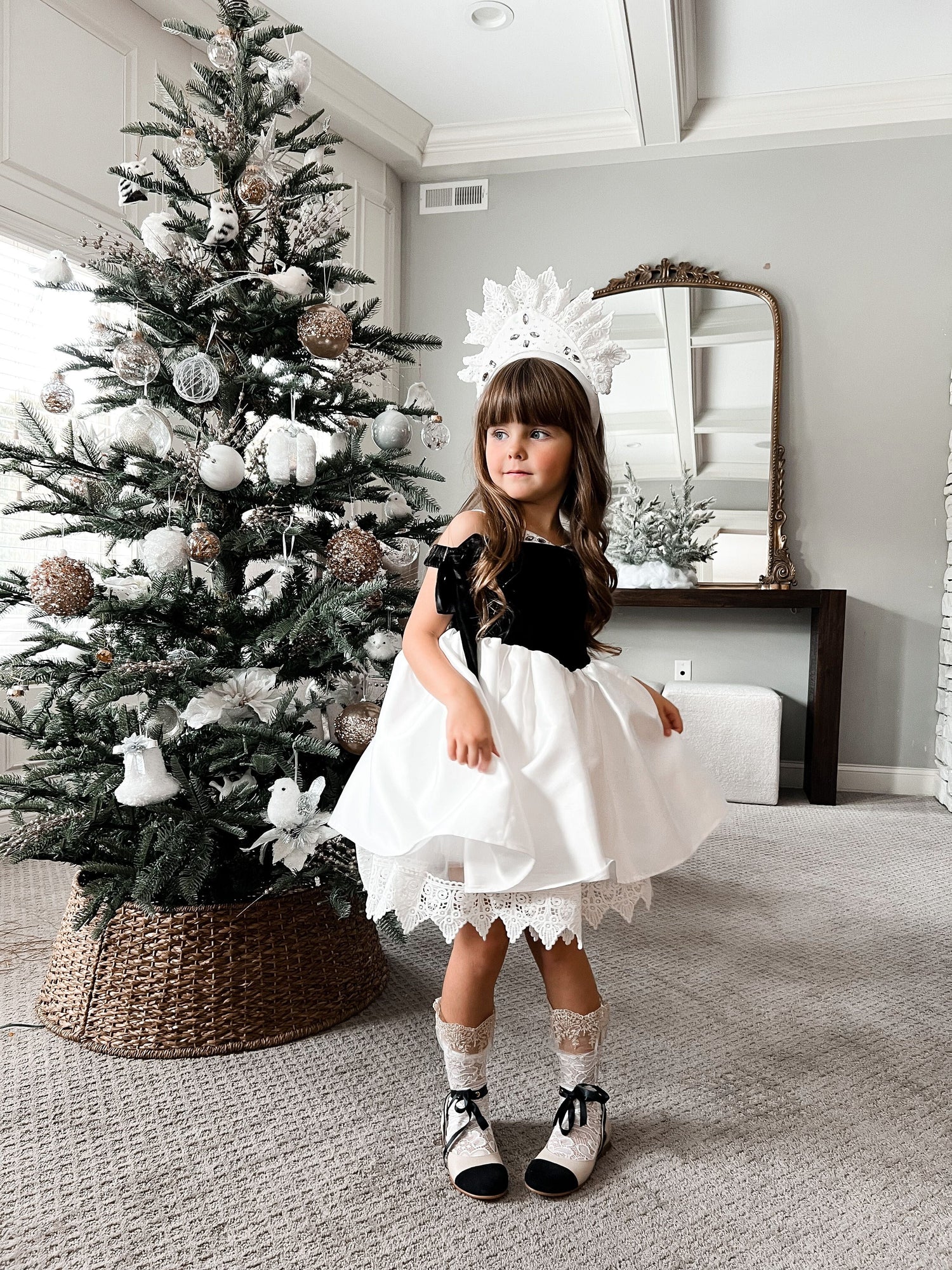 Girl | Audrey Velour Top and Sateen Dress | Black x White
