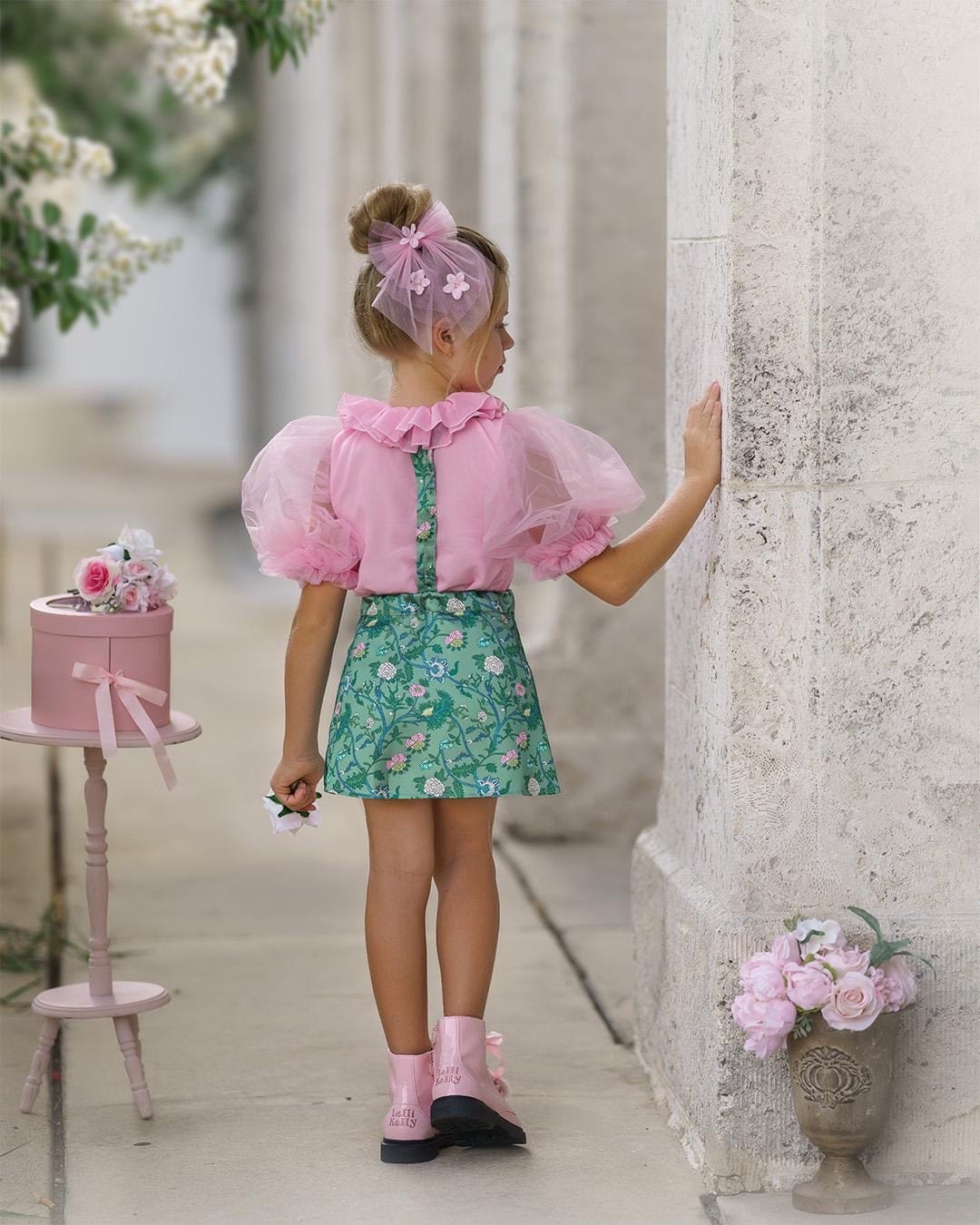 Girl | Eva Skirt and Blouse and Floral Tulle Set | Pink x Green