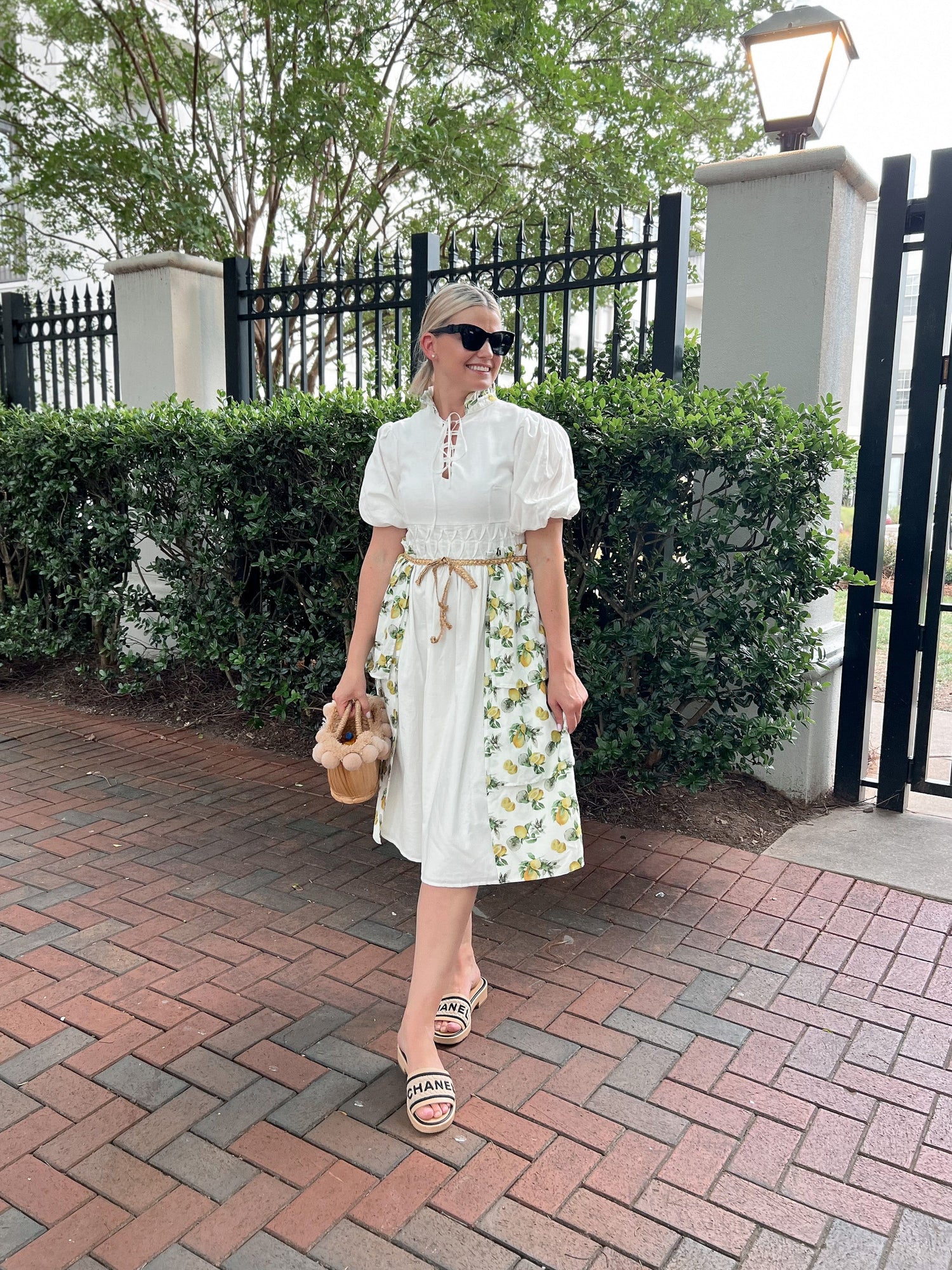 Women | Amalfi Lemon Print Linen Mom Dress | White x Green x Yellow