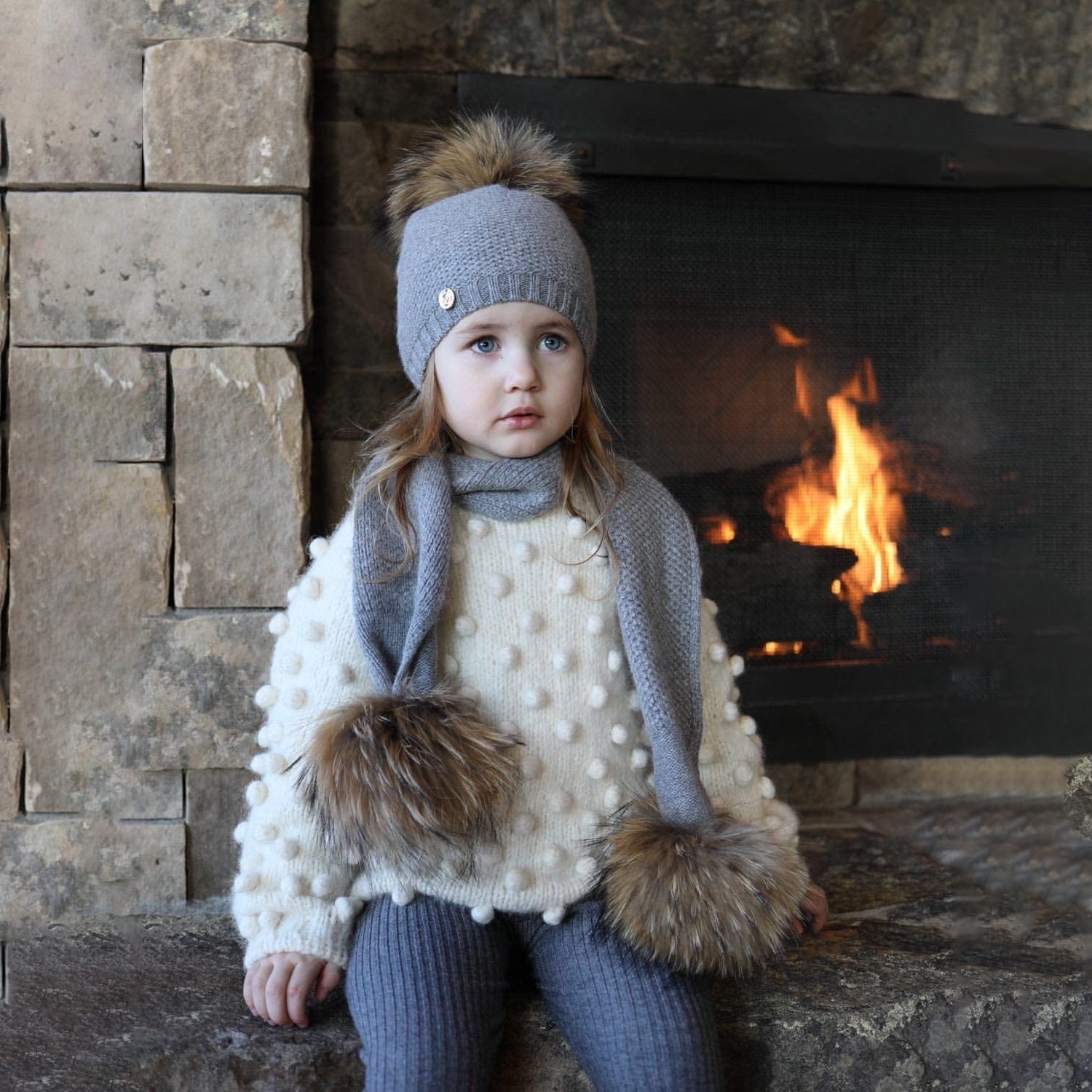 Unisex | Honeycomb Grey Cashmere Pom Scarf Natural Pom | Gray