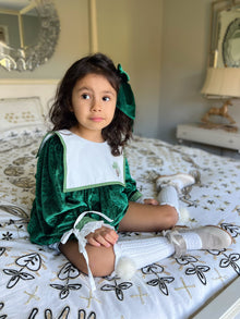 Girl | Everly Damask Velour Romper | Green