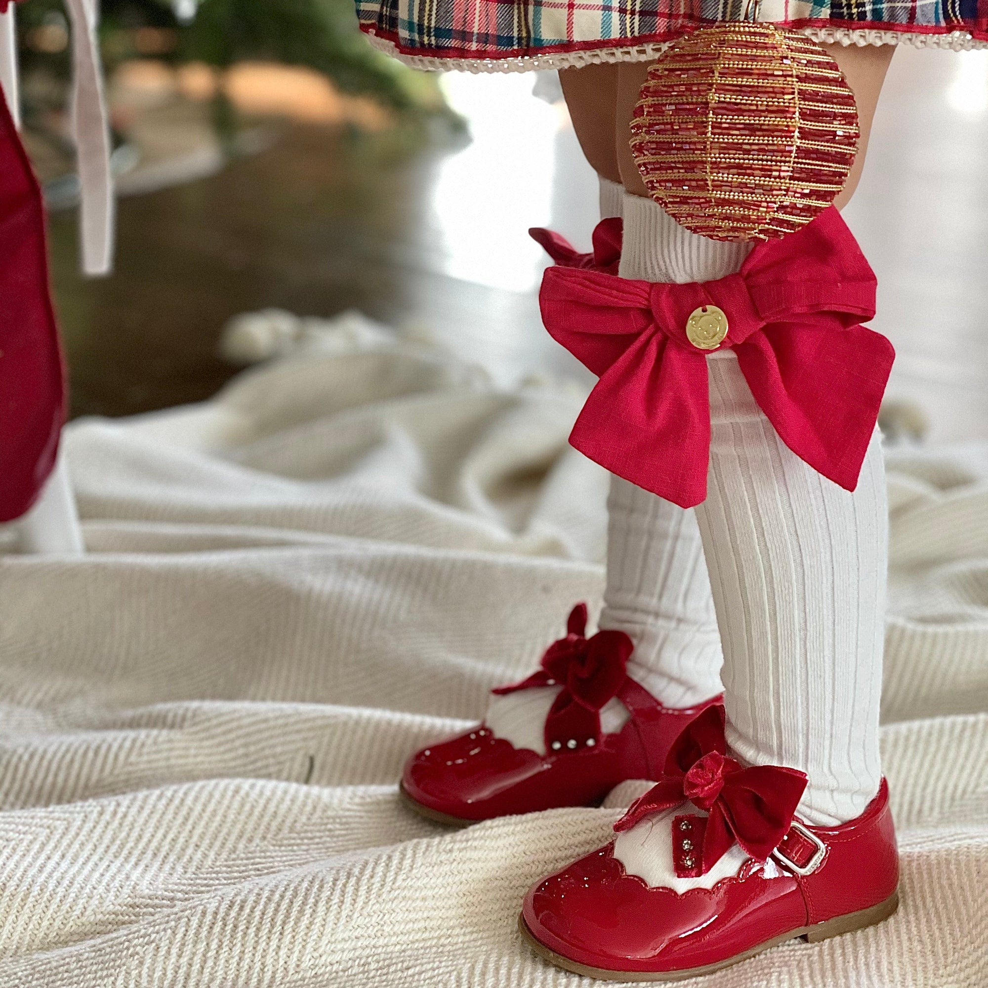 Girl | Emma Linen Bow Socks Bow | White x Red