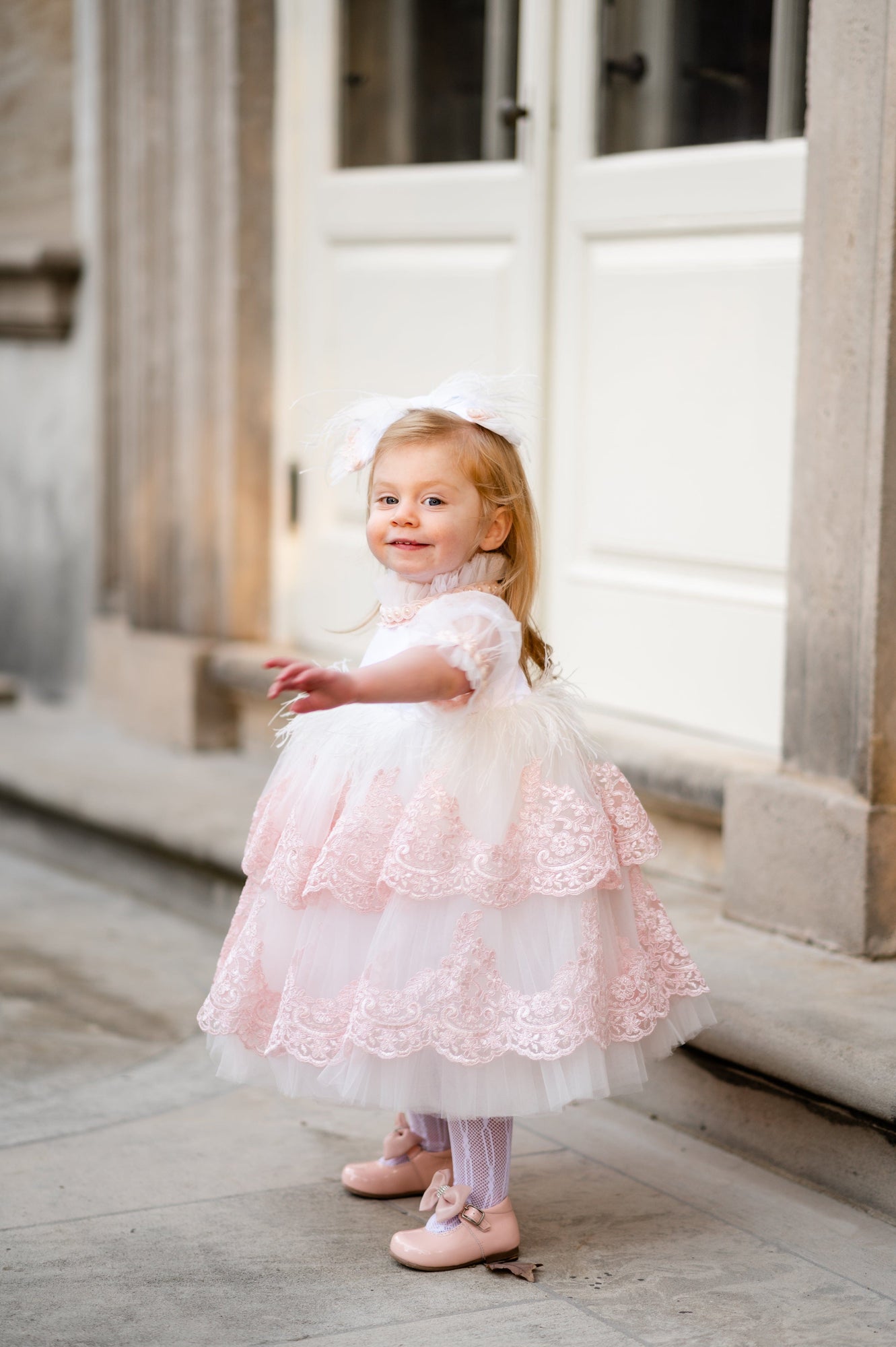 Girl | Laila Embroidered Feather Dress | White x Pink