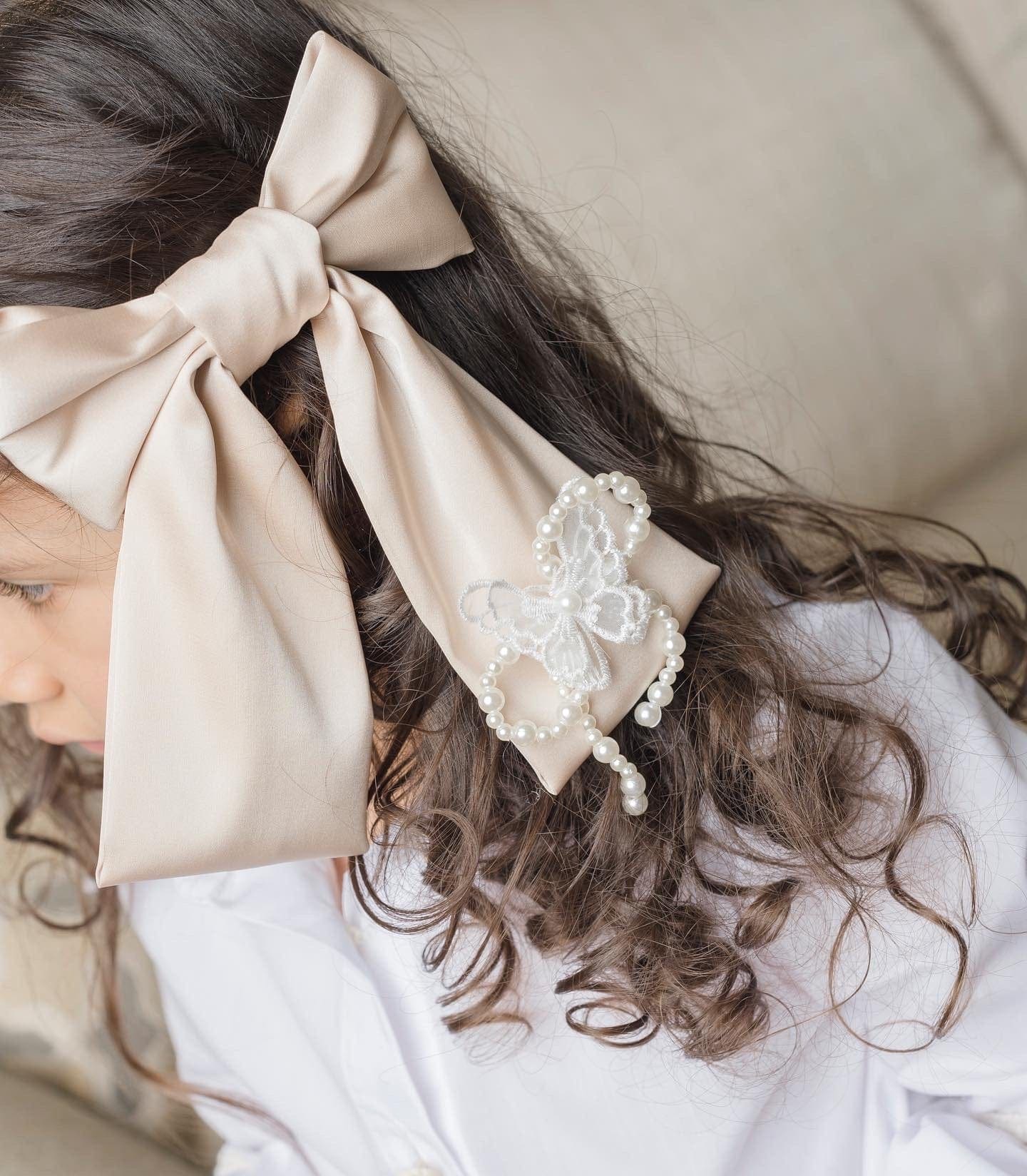 Girl | Anise Satin Embroidered Hair Bows | Champagne