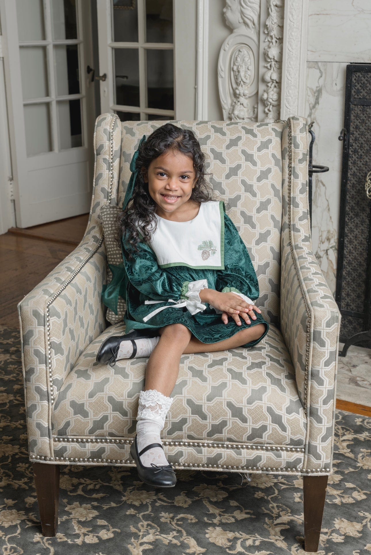 Girl | Everly Damask Velour Dress | Green