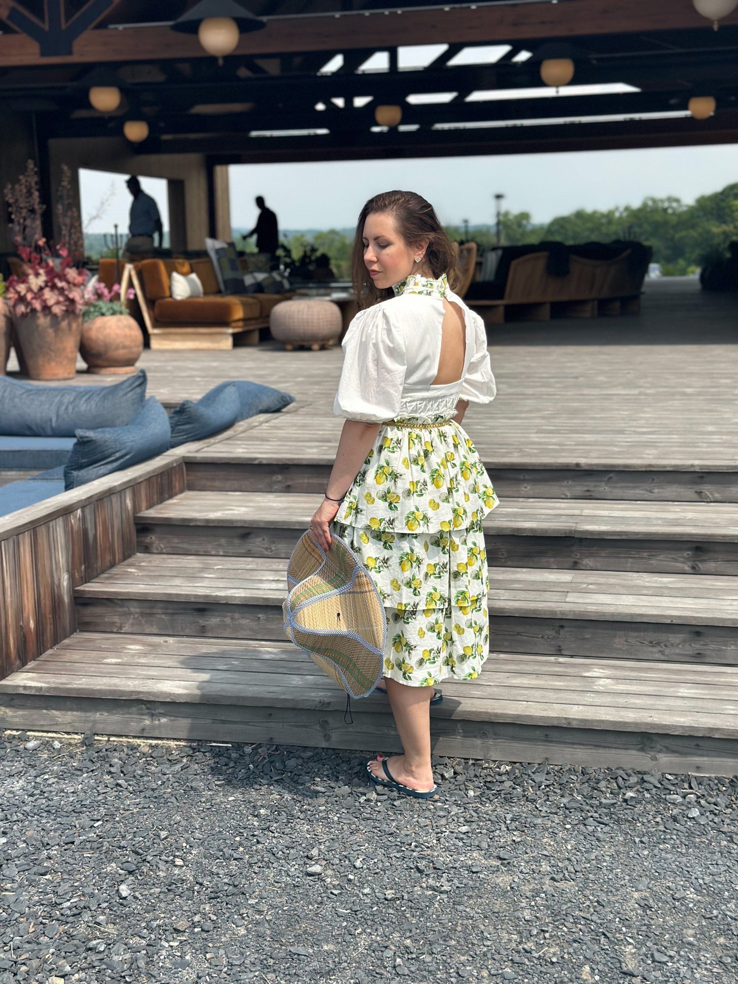 Women | Amalfi Lemon Print Linen Mom Dress | White x Green x Yellow