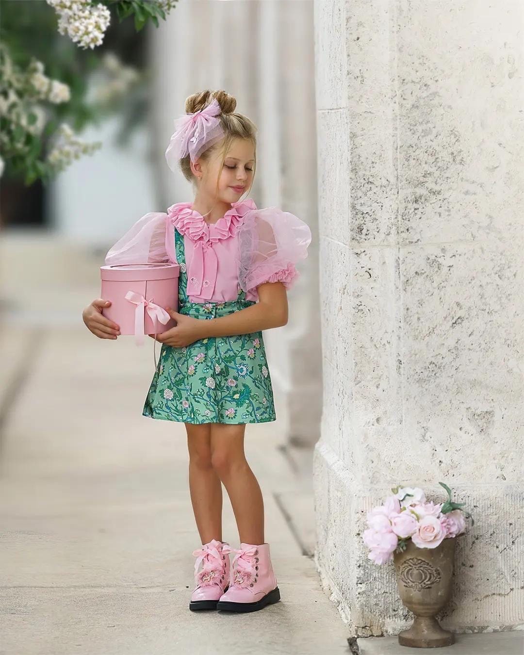 Girl | Eva Skirt and Blouse and Floral Tulle Set | Pink x Green