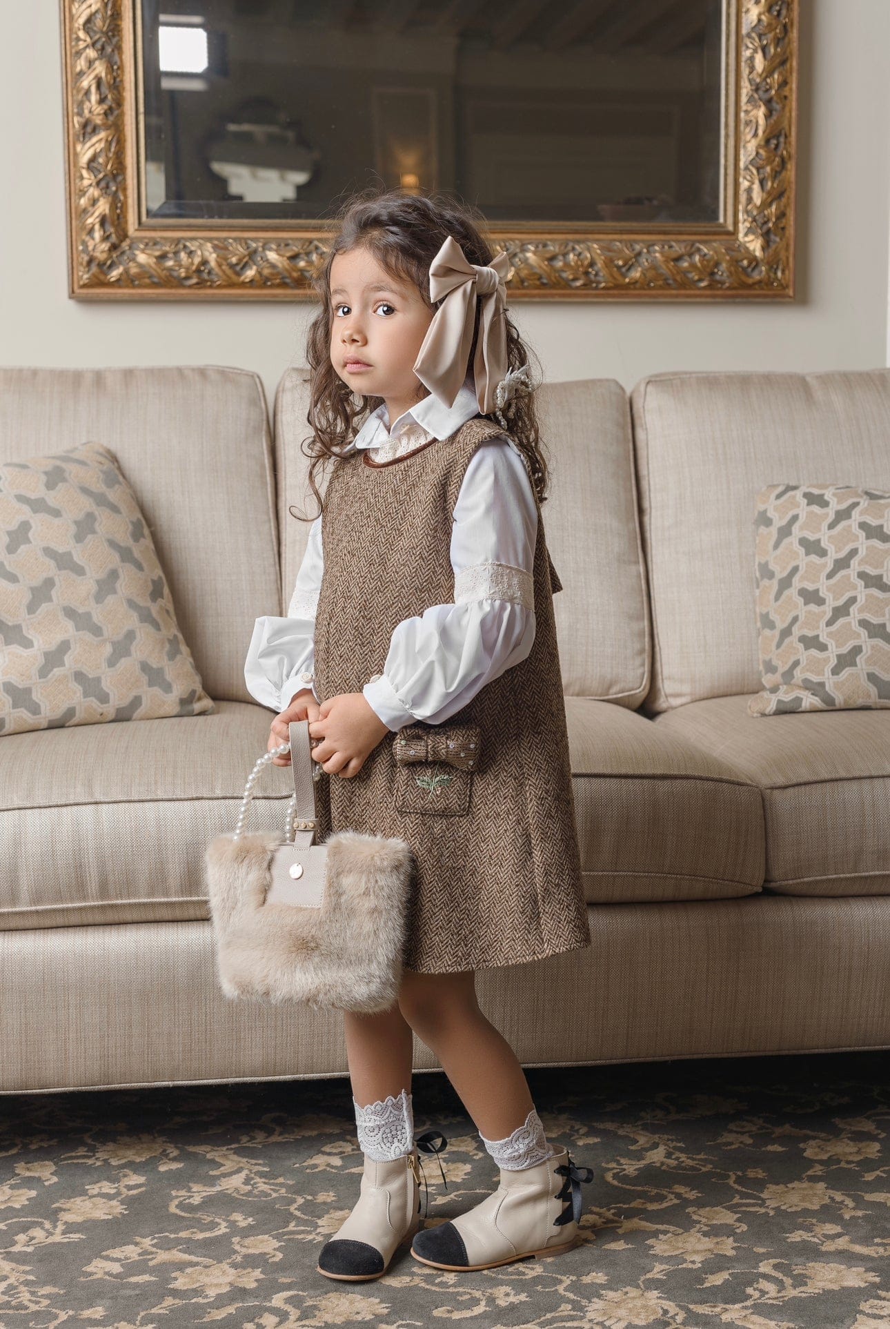 Girl | Herringbone Dress and Blouse Set | Brown x White
