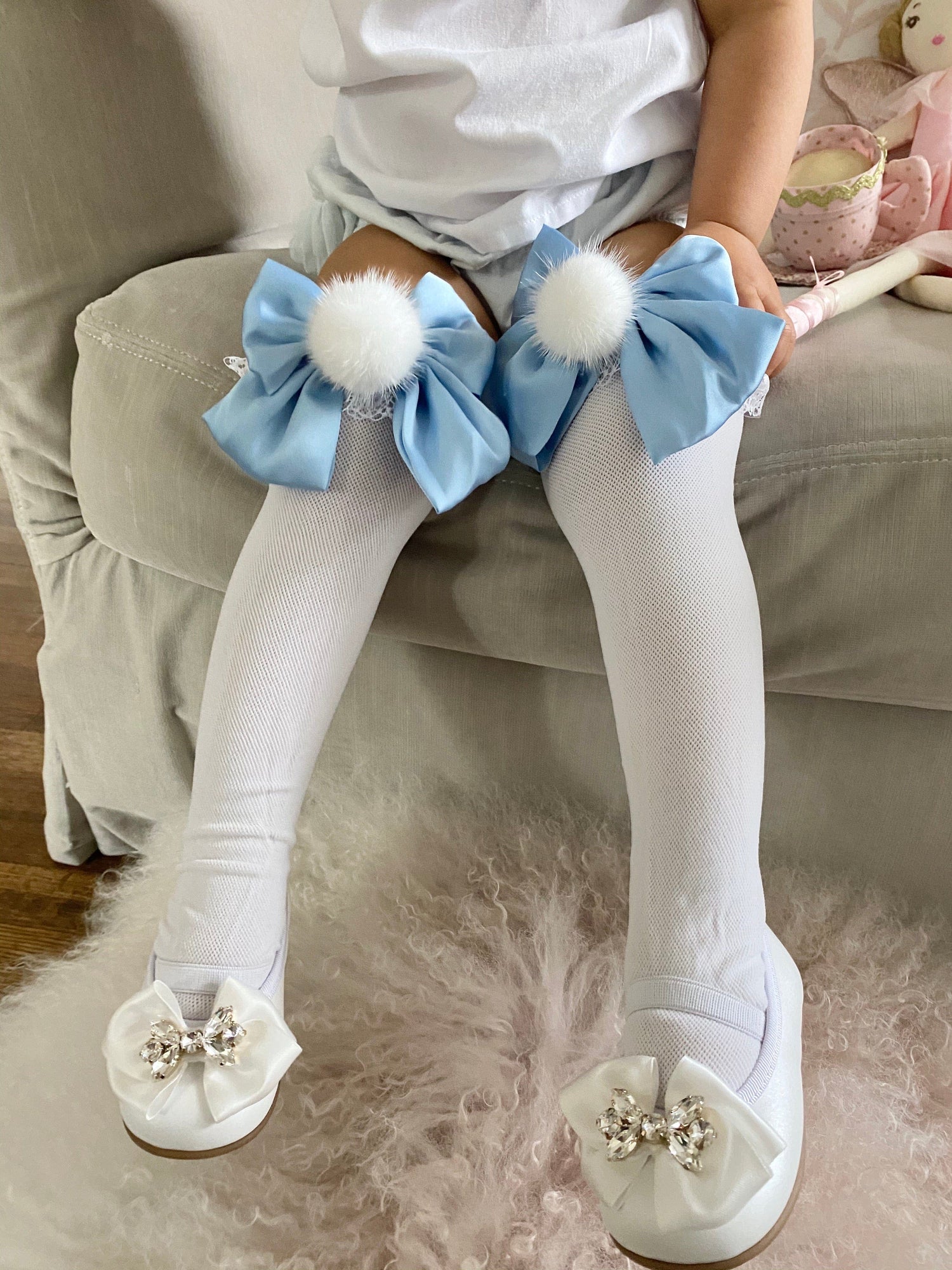 Girl | Lana Ruffle Socks with Poms and Bows Baby Bow | Blue x White