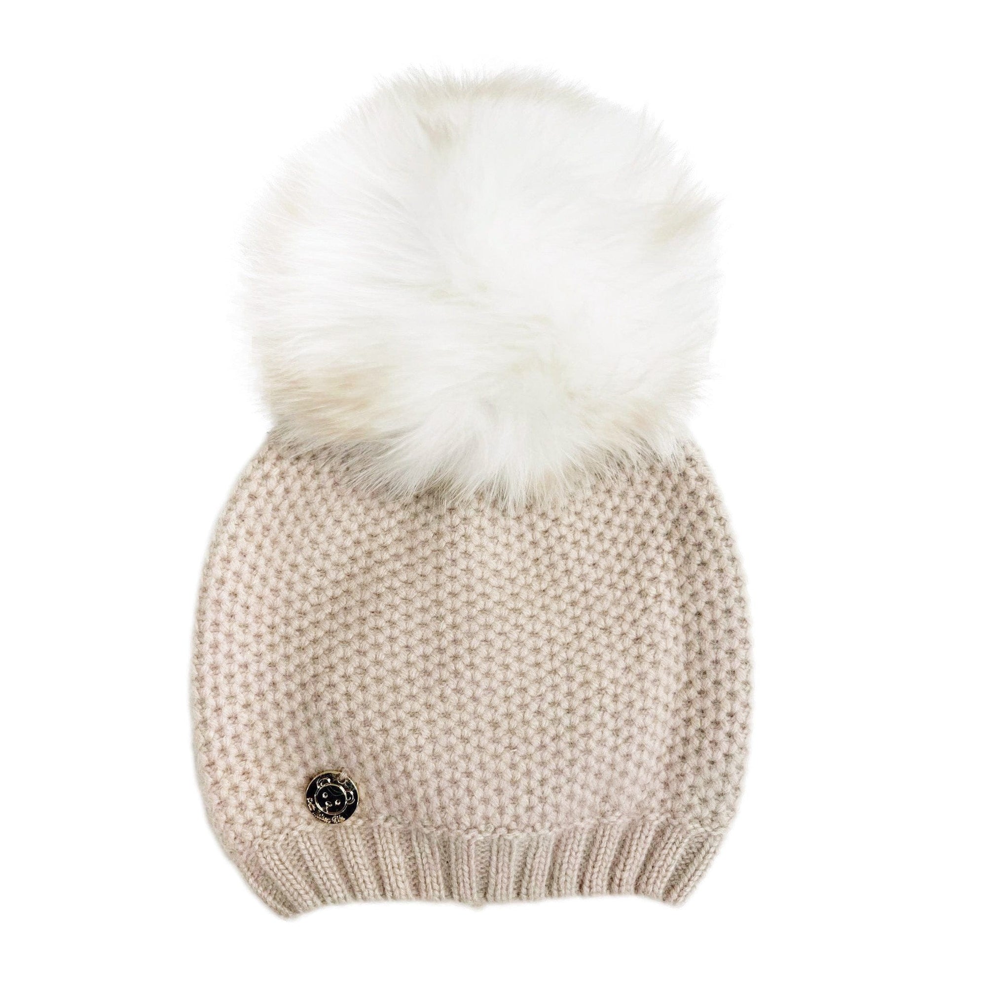Unisex | Honeycomb Cashmere Beanie with White Print Pom | Beige