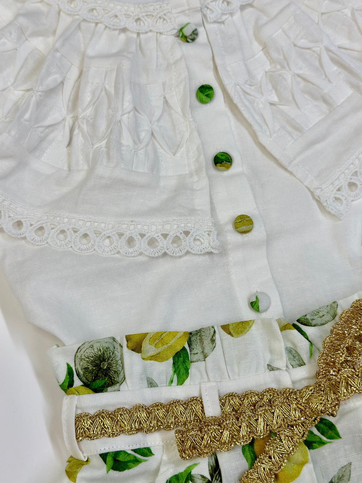 Girl | Amalfi Lemon Print Linen Blouse and Shorts Set | White x Green x Yellow