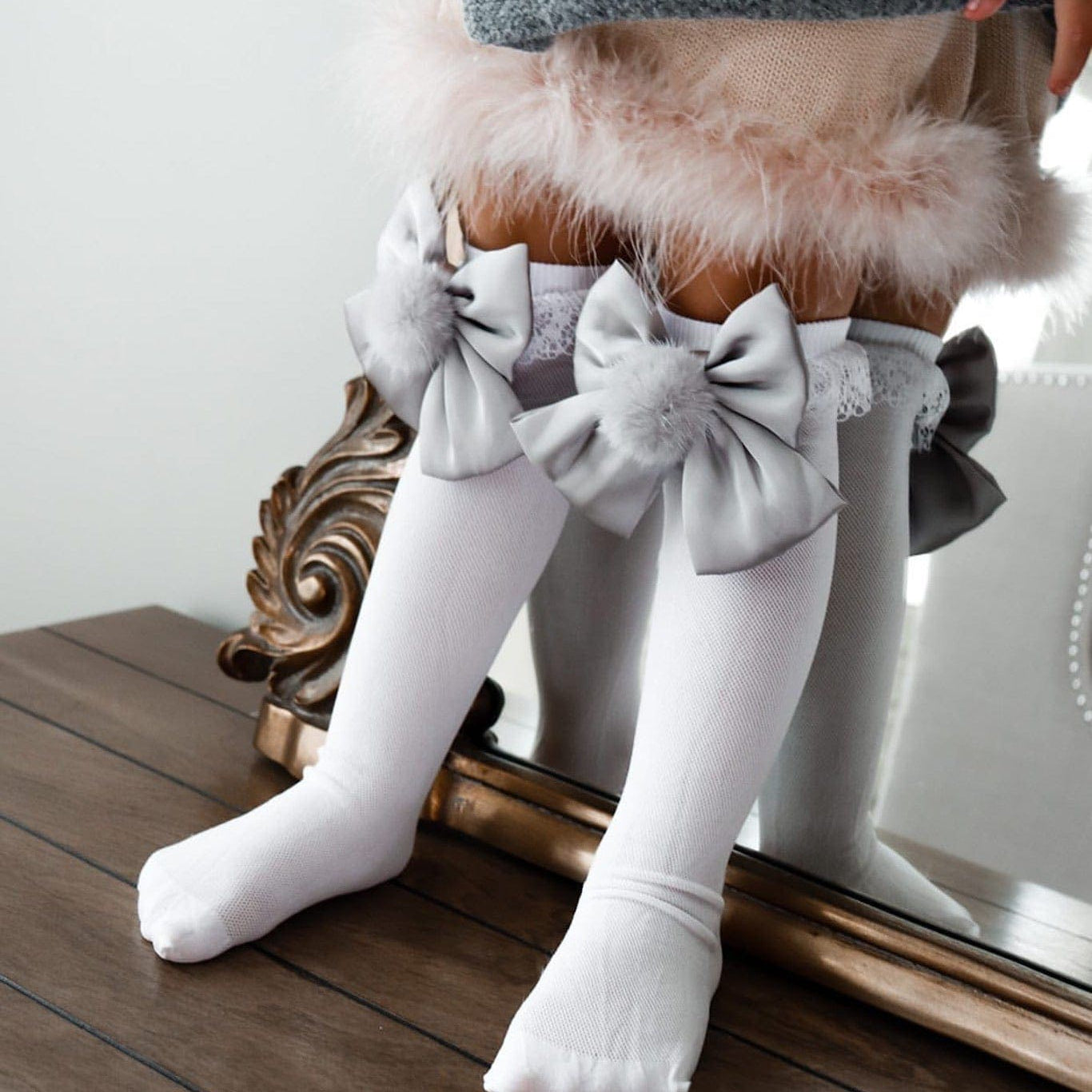 Girl | Lana Ruffle Socks with Poms and Bows Bow | White x Silver