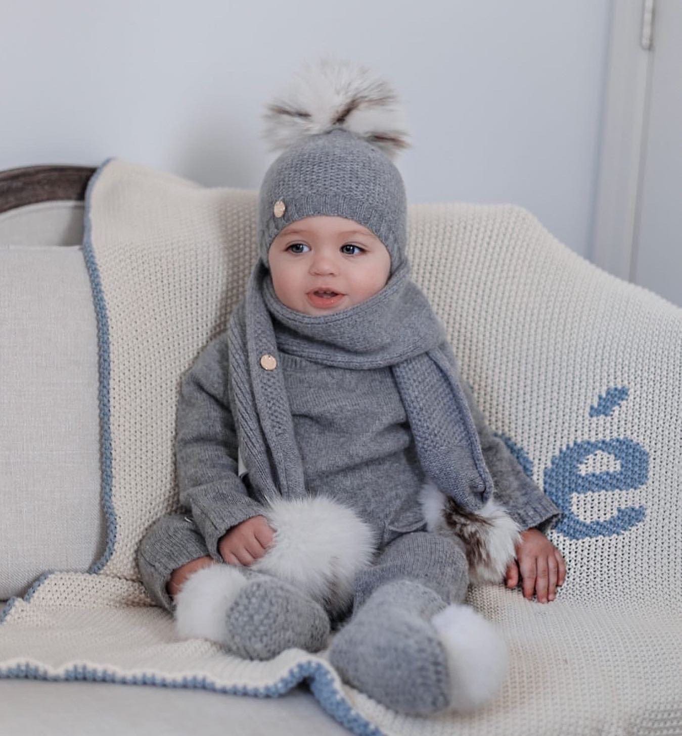 Unisex | Honeycomb Cashmere Beanie Hats White Print Pom | Grey