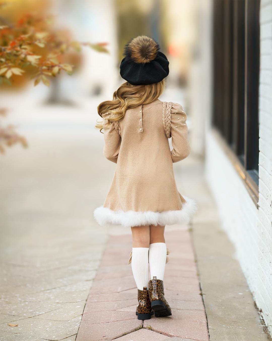 Girl | Anna Knit Dress with Feathered Hem | Beige
