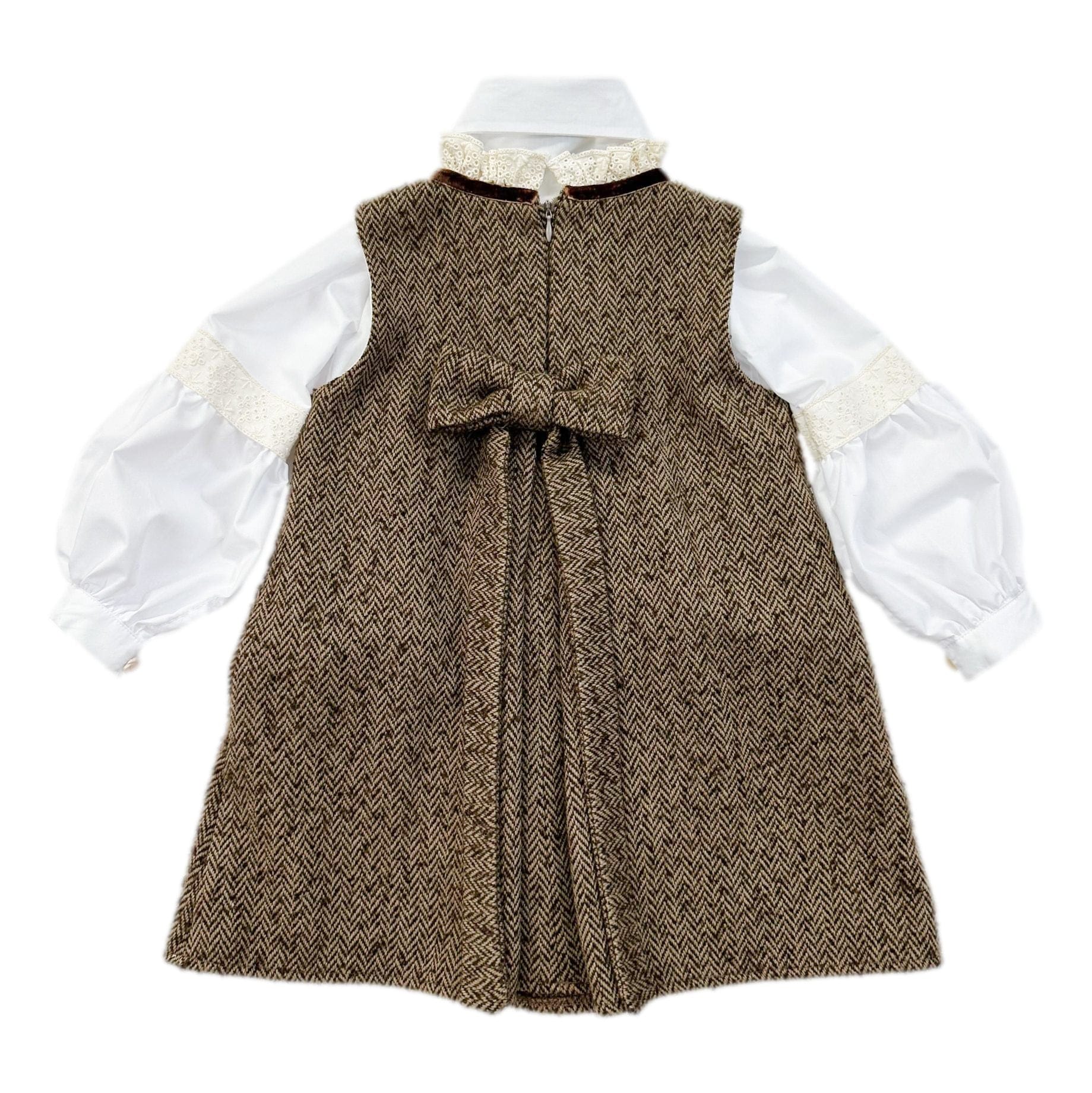 Girl | Herringbone Dress and Blouse Set | Brown x White