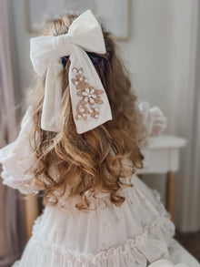 Girl | Embroidered Velvet Pearl Hair Bows | Black & Ivory