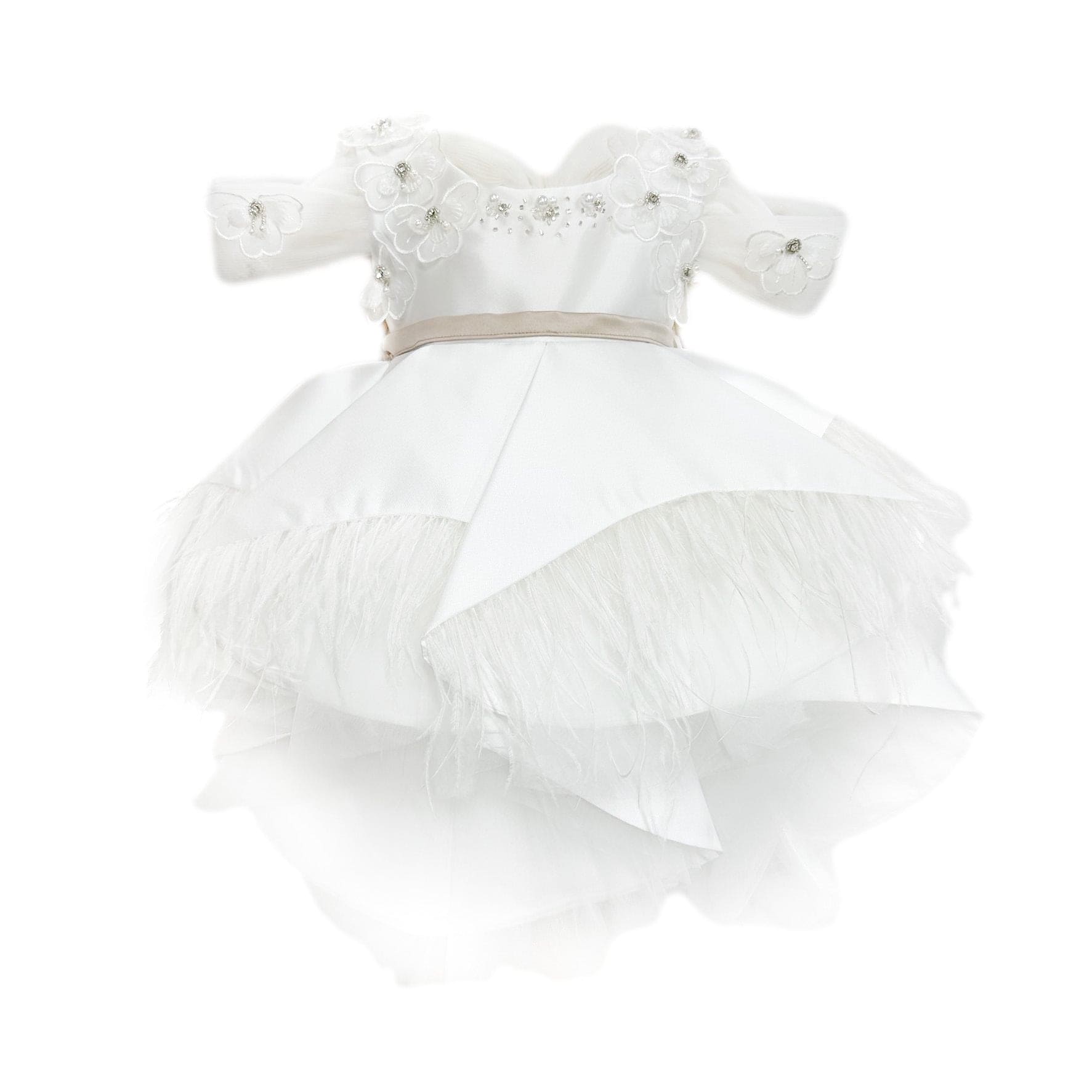Girl | Constanza Ceremony Dress with Champagne Bow | White x Beige