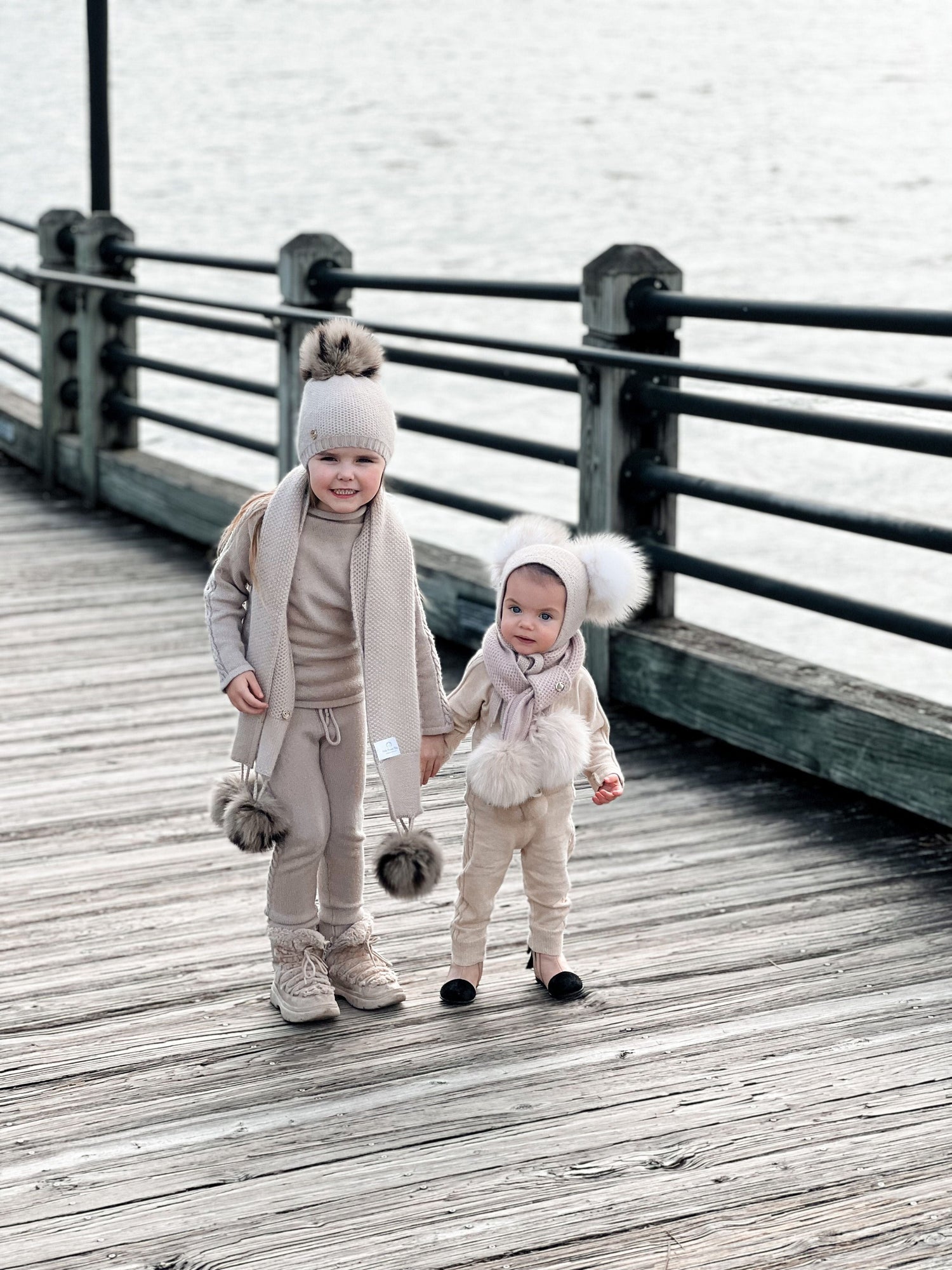 Honeycomb Beige Cashmere Bonnet with White Print Poms - Petite Maison Kids
