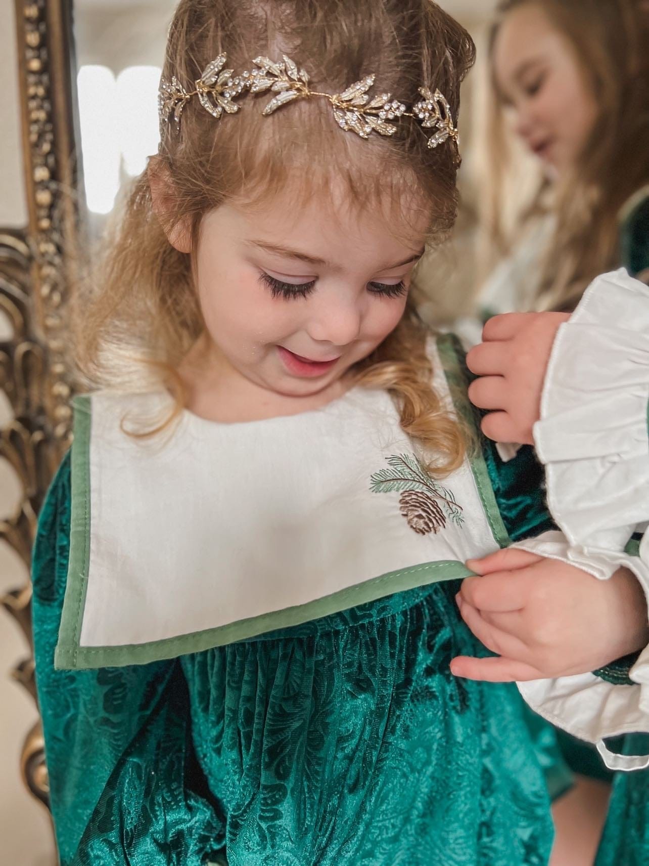 Girl | Everly Damask Velour Romper | Green