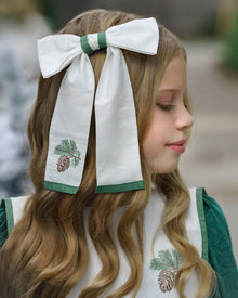 Girl | Everly Embroidered Hair Bow | White x Green