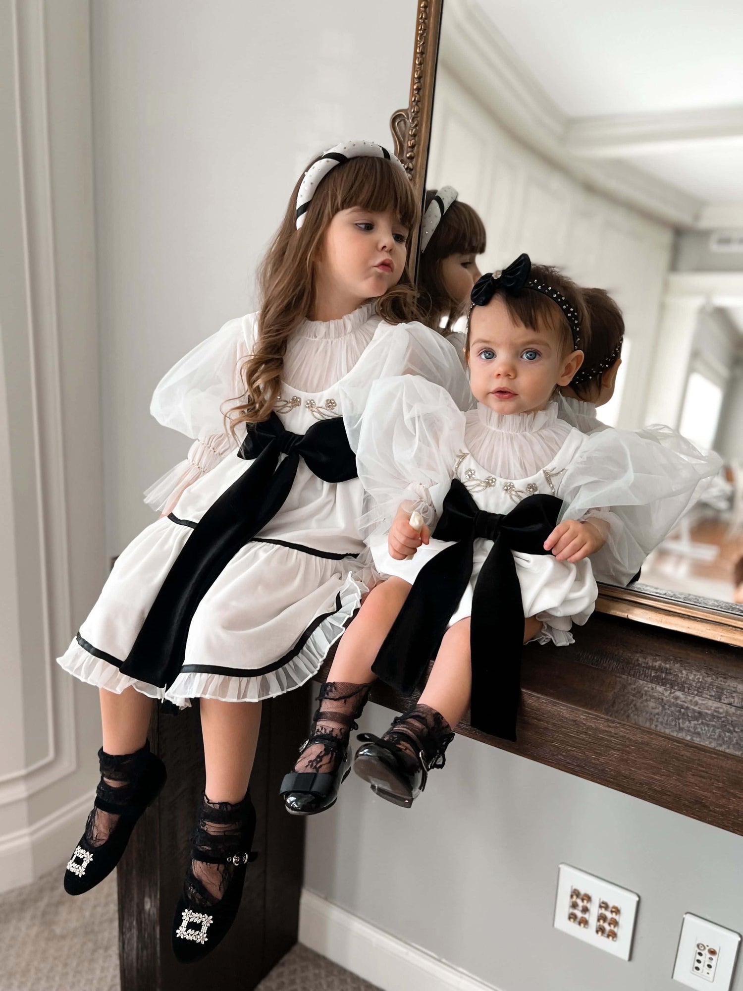 Girl | Aurora Velour Dress with Tulle Puff Sleeves | Whie x Ivory x Black