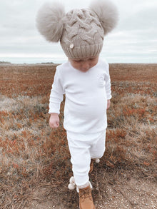 Unisex | Sandstone Merino Wool Kids Double Pom Hat | Beige
