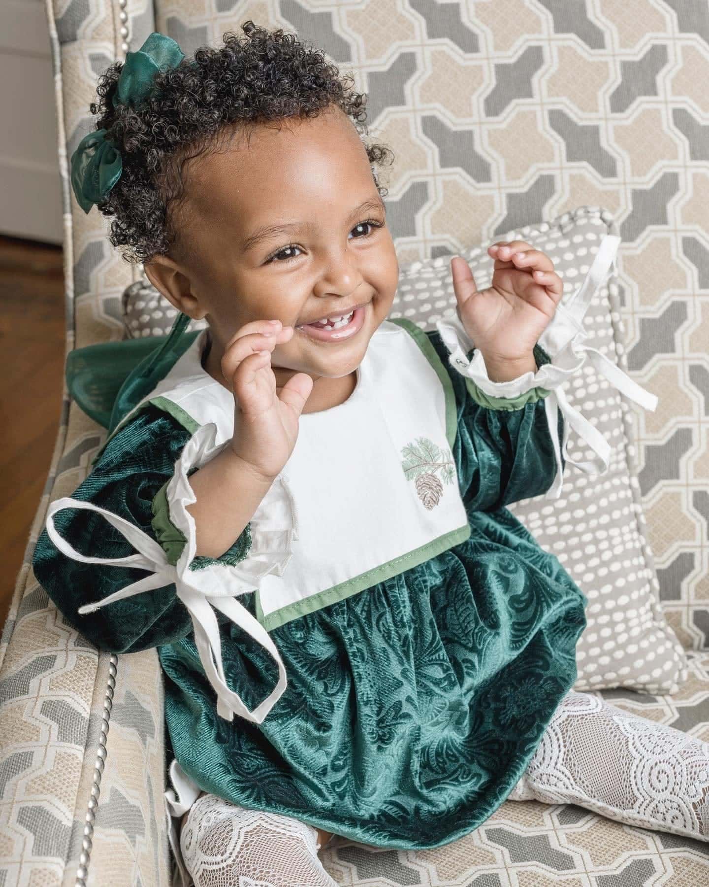 Girl | Everly Damask Velour Romper | Green