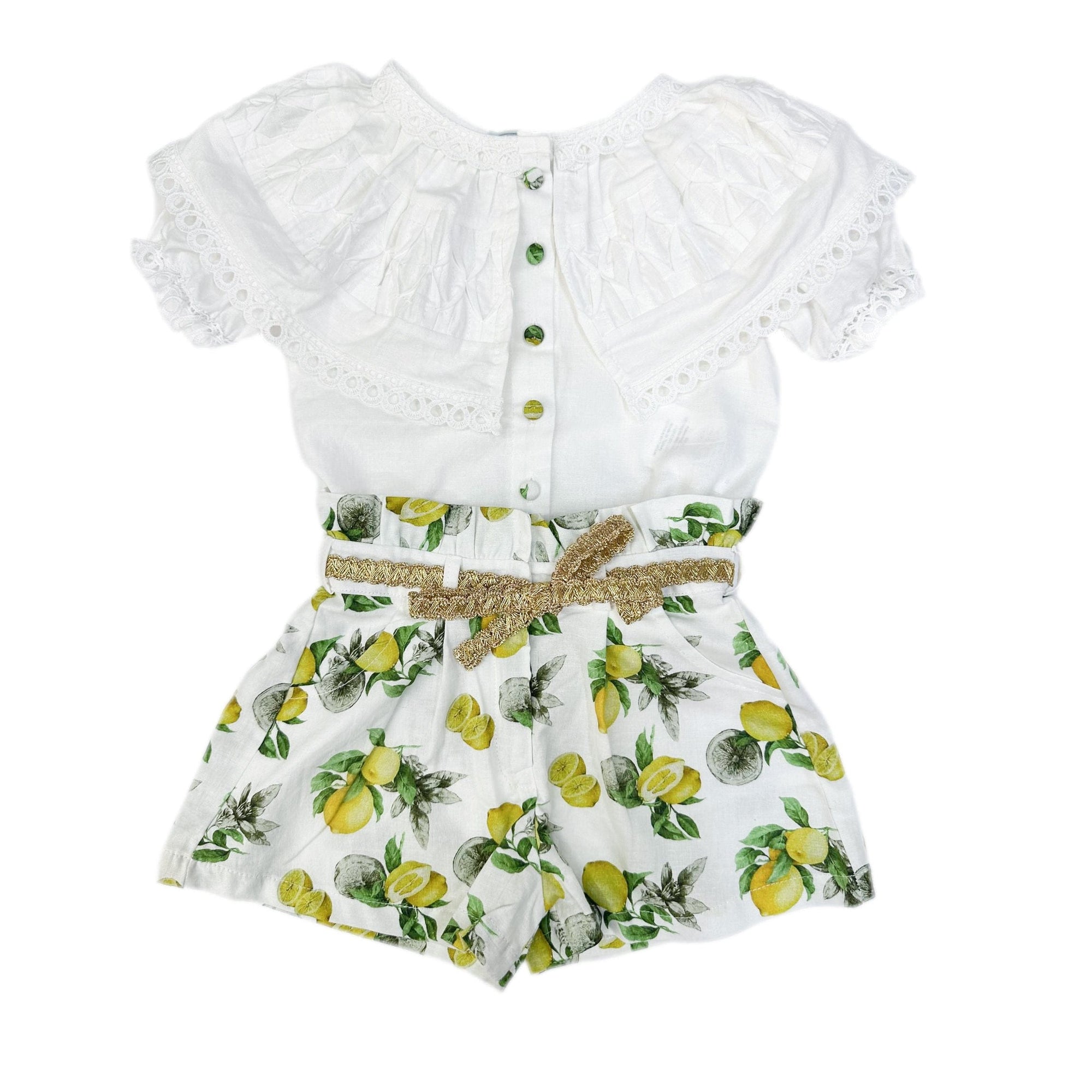 Girl | Amalfi Lemon Print Linen Blouse and Shorts Set | White x Green x Yellow