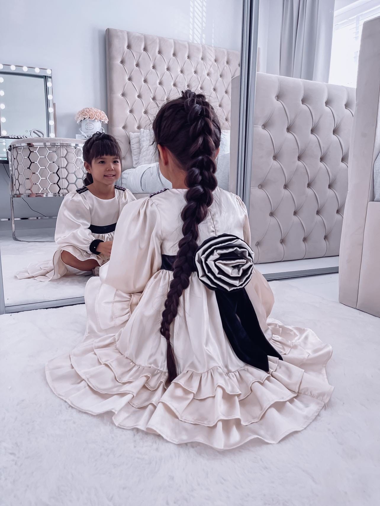 Evangeline Satin Champagne Ruffle Dress - Petite Maison Kids