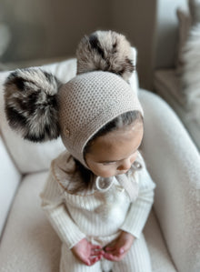 Unisex | Honeycomb Cashmere Bonnet with Animal Print Poms | Beige