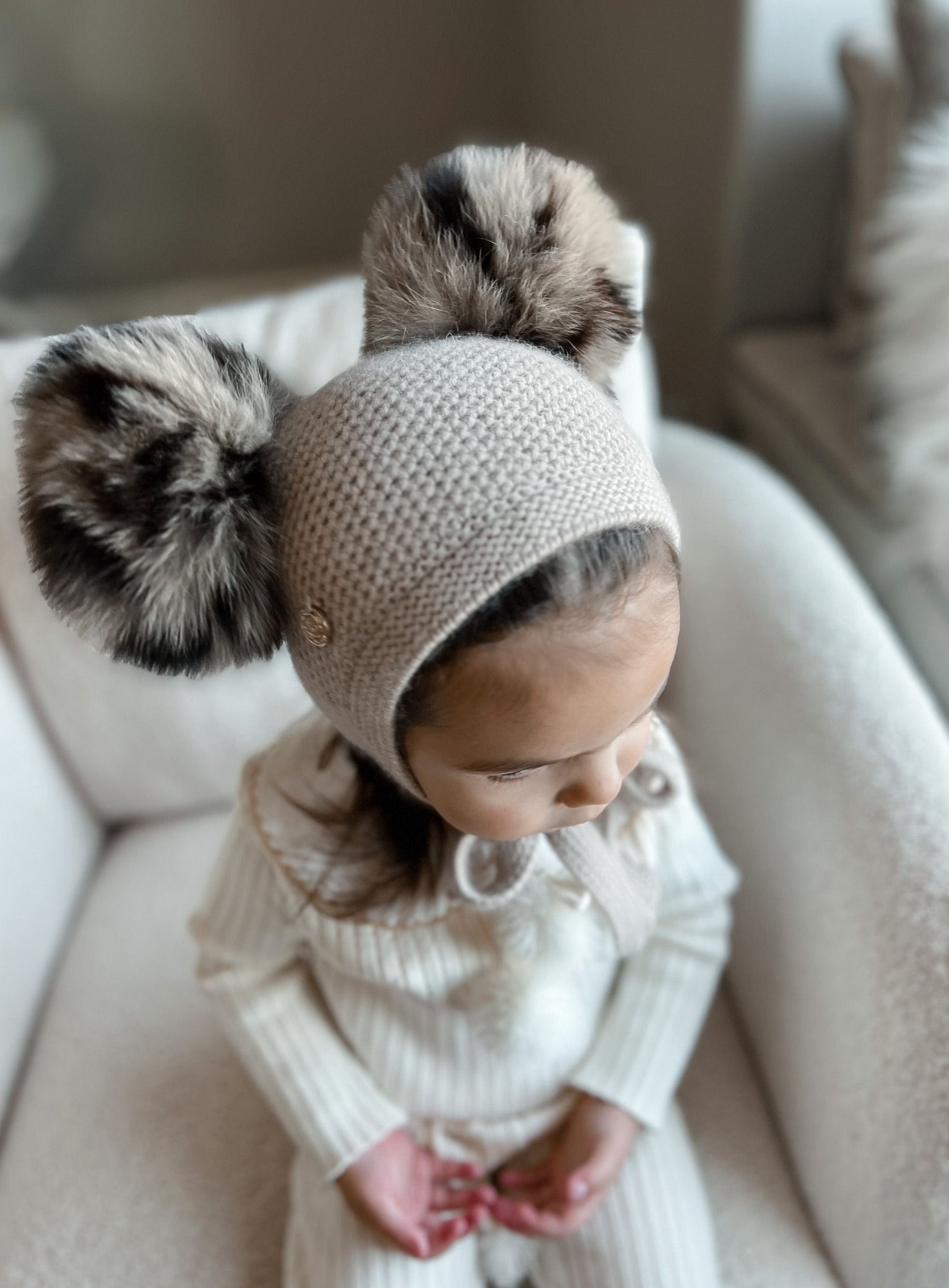 Unisex | Honeycomb Cashmere Bonnet with Animal Print Poms | Beige