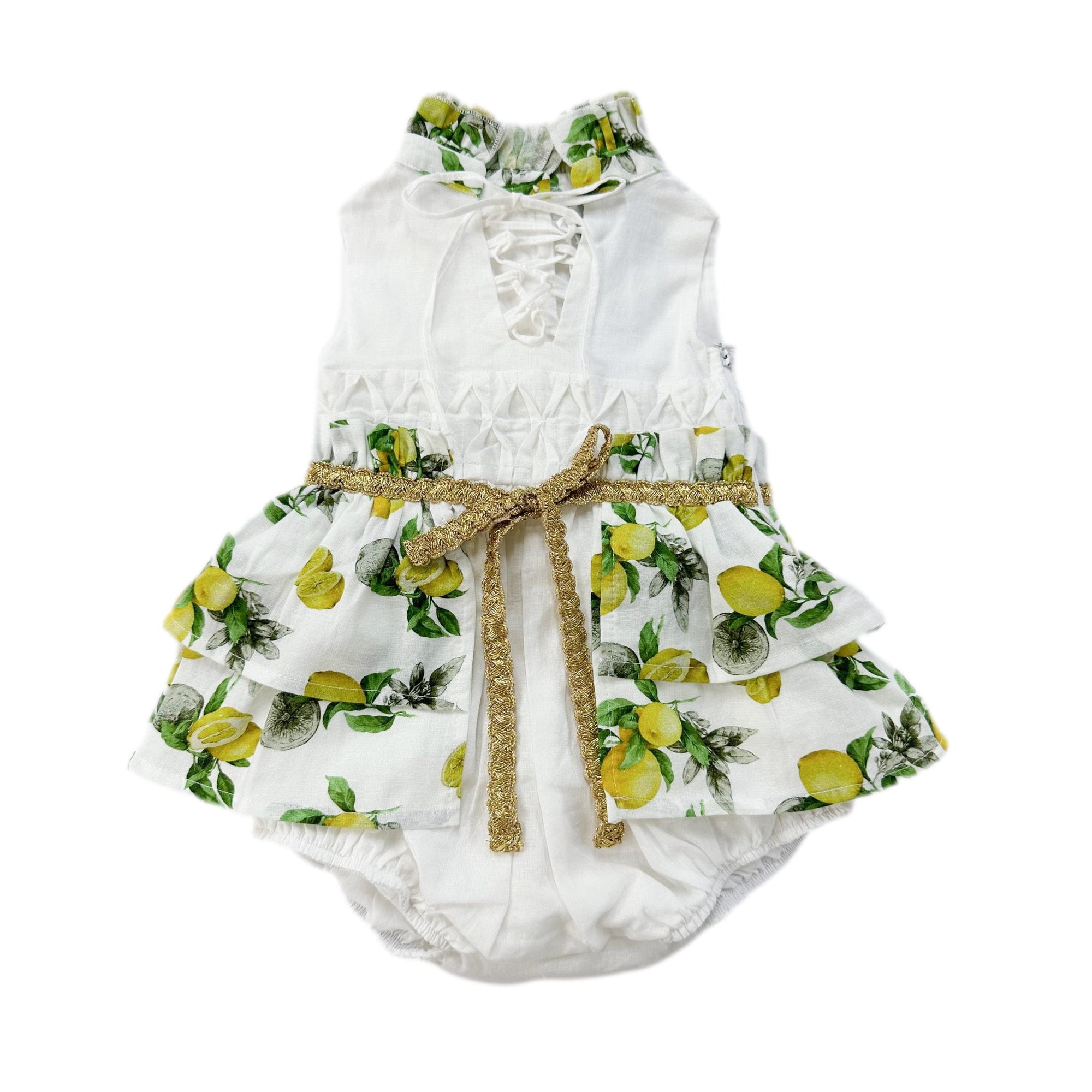 Girl | Amalfi Lemon Print Linen Romper | White x Green x Yellow
