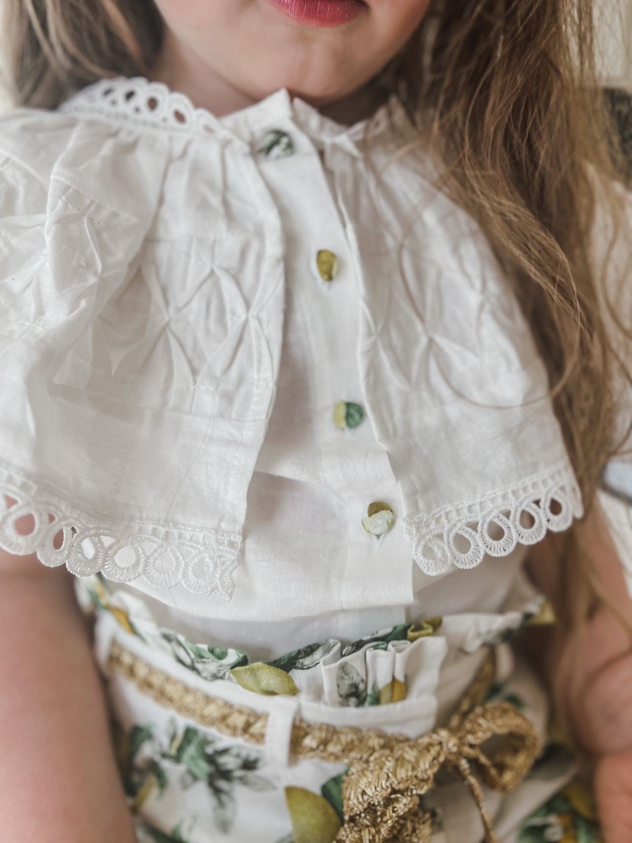 Girl | Amalfi Lemon Print Linen Blouse and Shorts Set | White x Green x Yellow