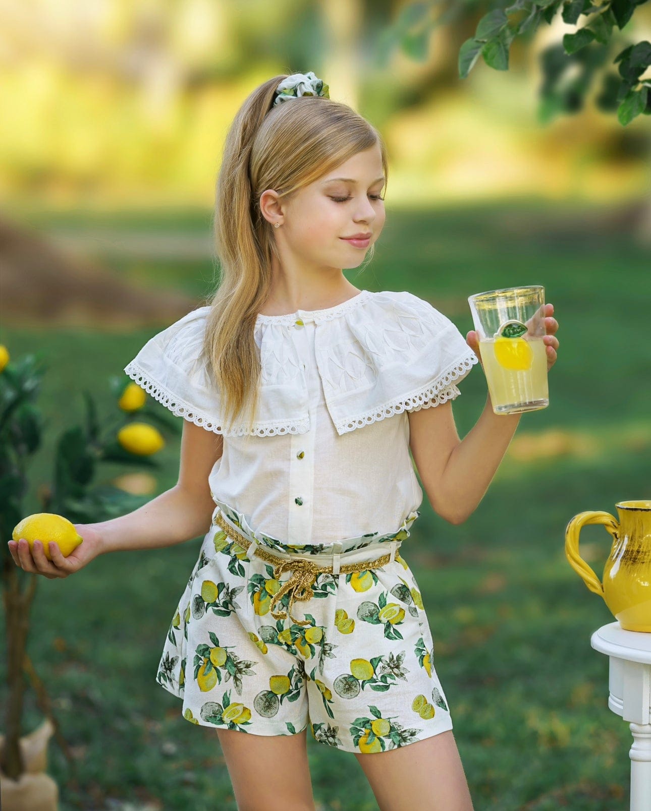 Girl | Amalfi Lemon Print Linen Blouse and Shorts Set | White x Green x Yellow