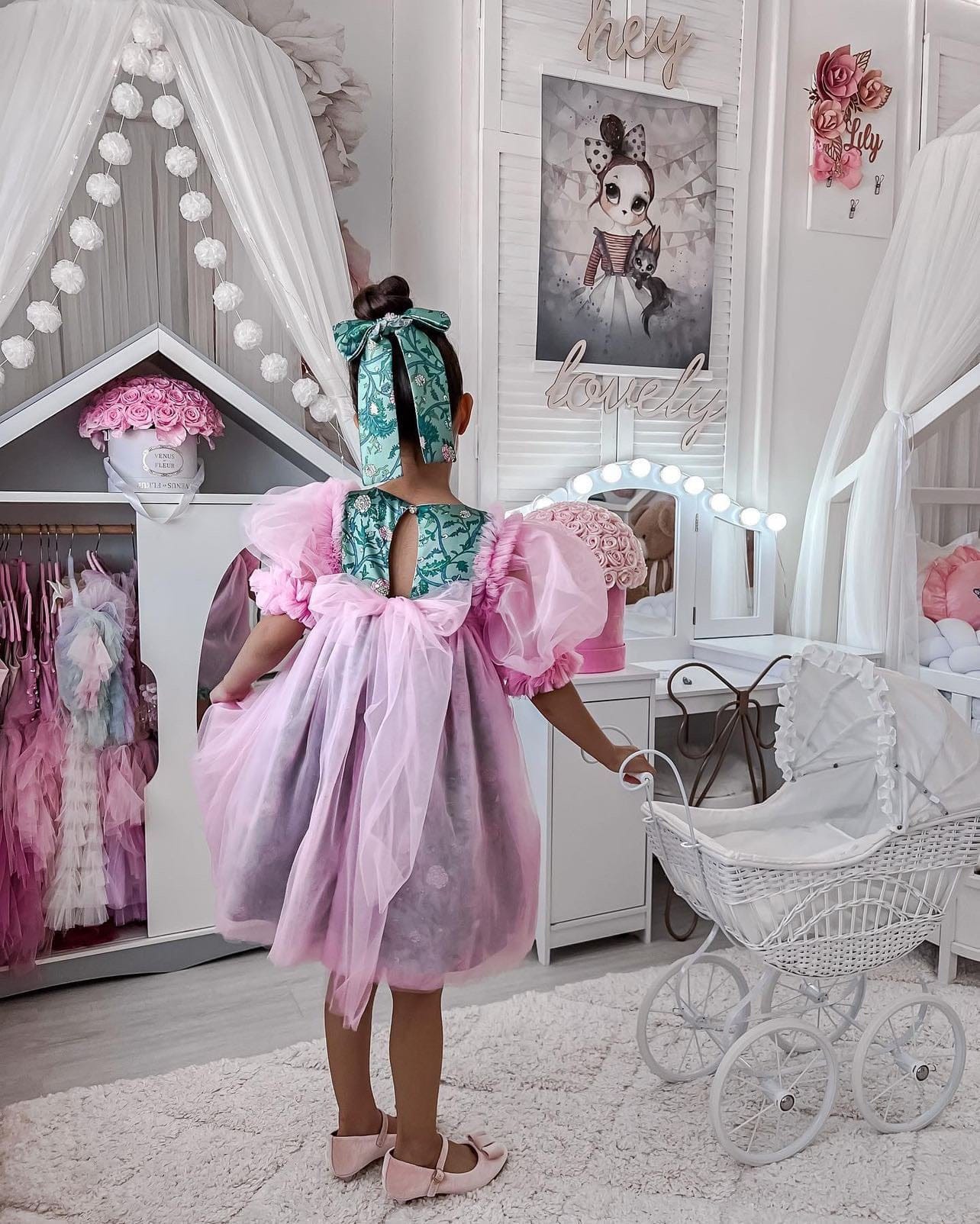 Girl | Eva And Floral Tulle Dress | Pink x Green