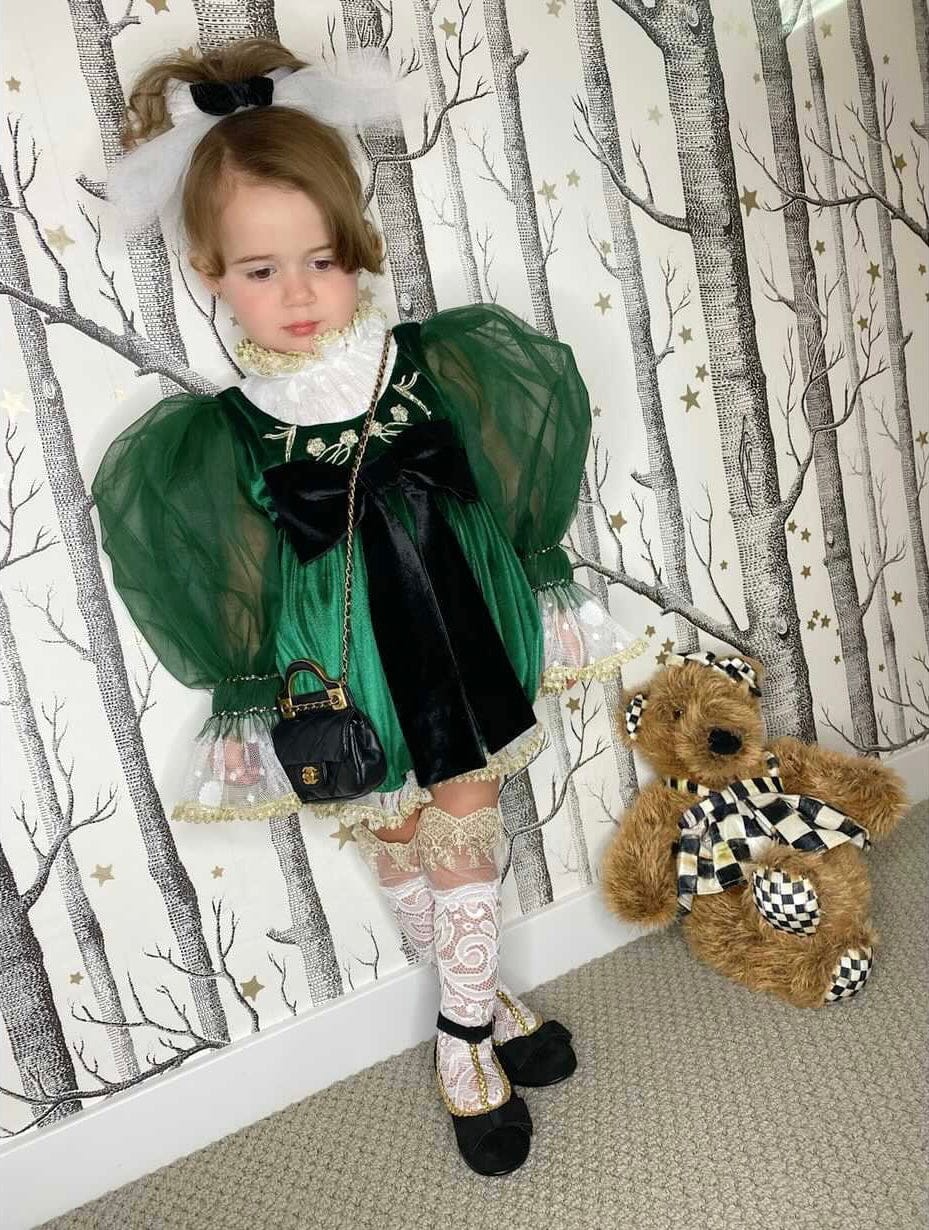 Aurora Royal Green Velour Romper - Petite Maison Kids