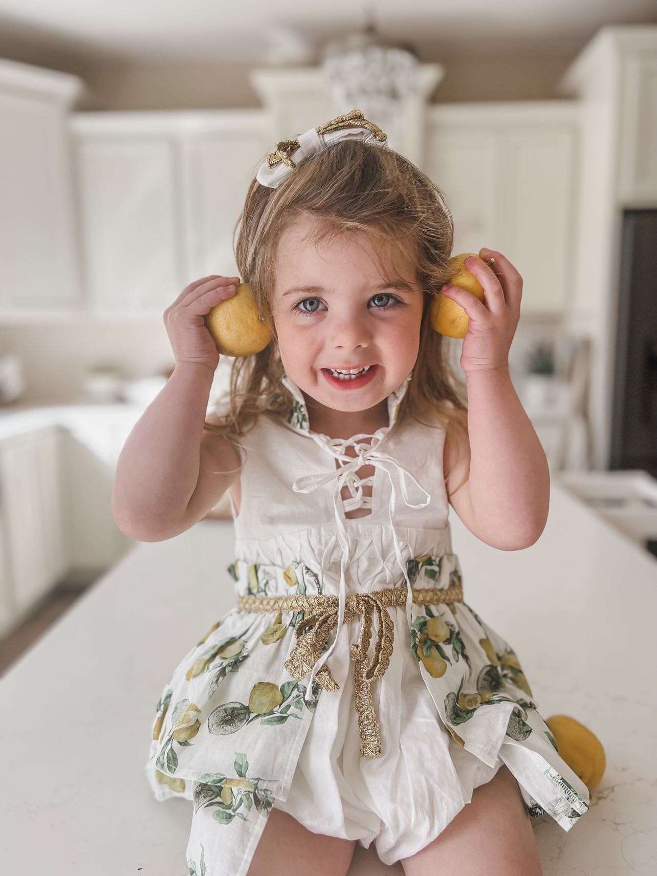 Girl | Amalfi Lemon Print Linen Romper | White x Green x Yellow