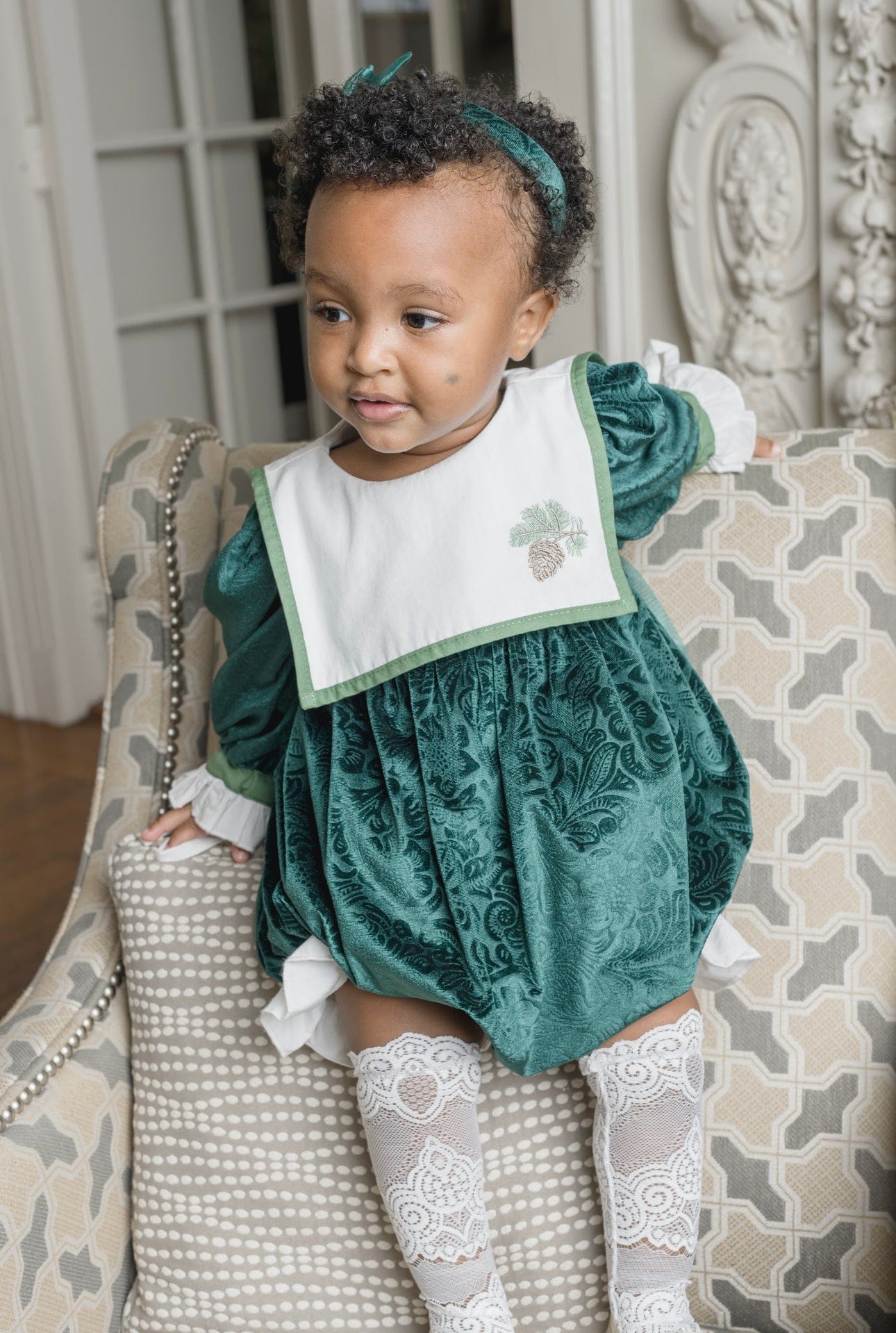 Girl | Everly Damask Velour Romper | Green