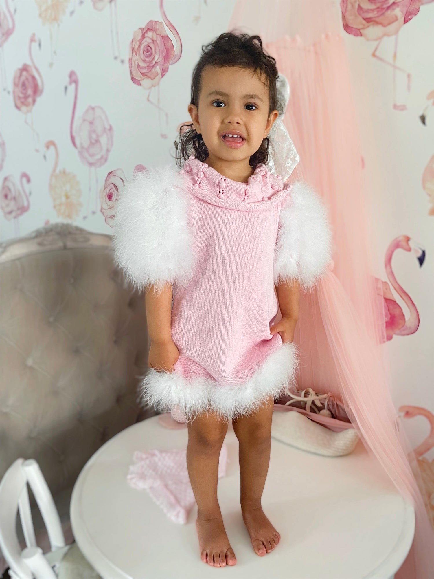 Ella Knit Pink Feather Dress - Petite Maison Kids