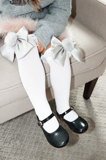 Girl | Lana Ruffle Socks with Poms and Bows Bow | White x Silver