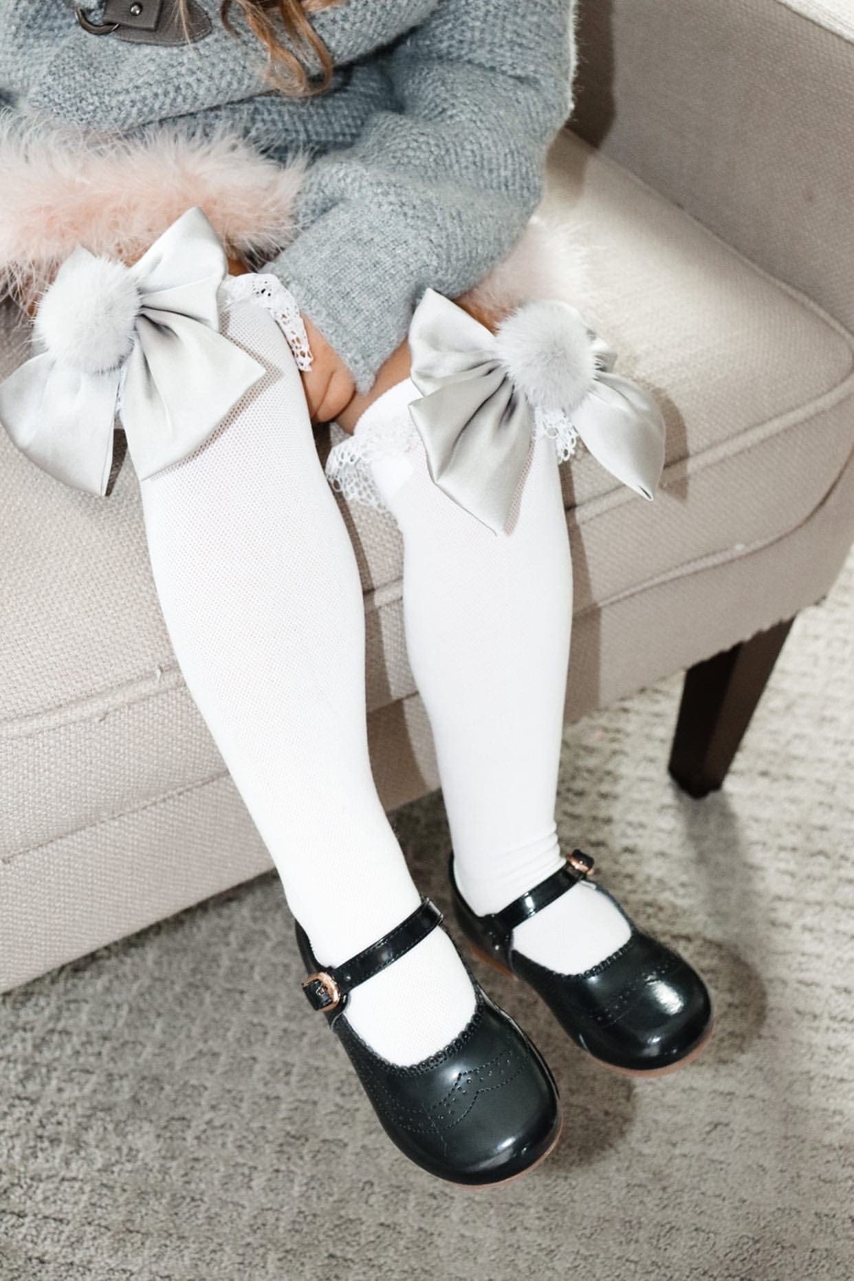 Girl | Lana Ruffle Socks with Poms and Bows Bow | White x Silver