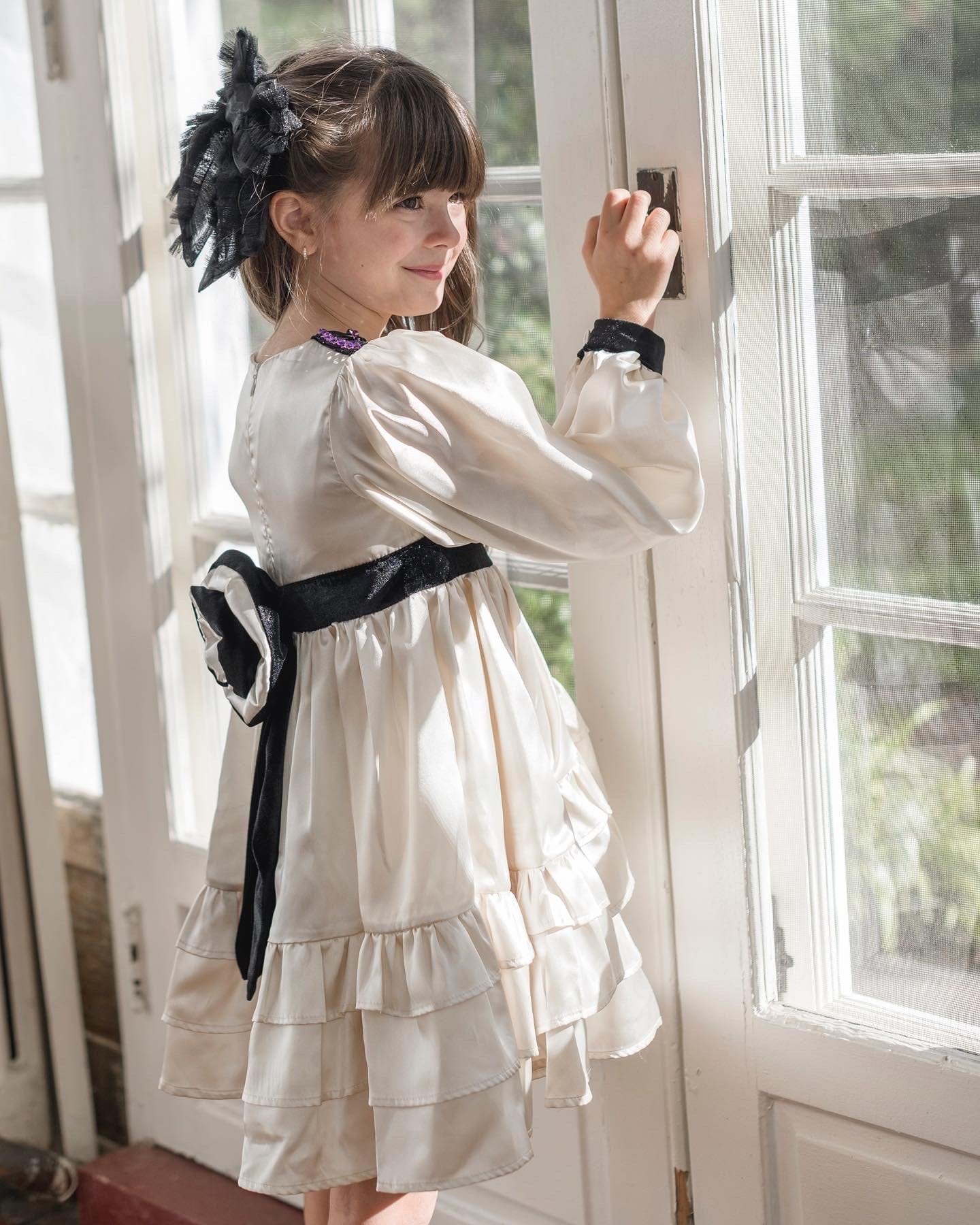 Evangeline Satin Champagne Ruffle Dress - Petite Maison Kids