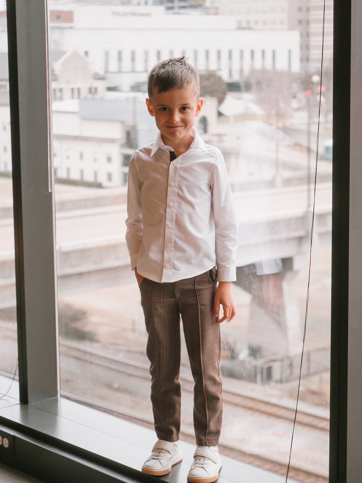 Boy | Blair Estate Tweed Shirt and Pants Set | White x Brown