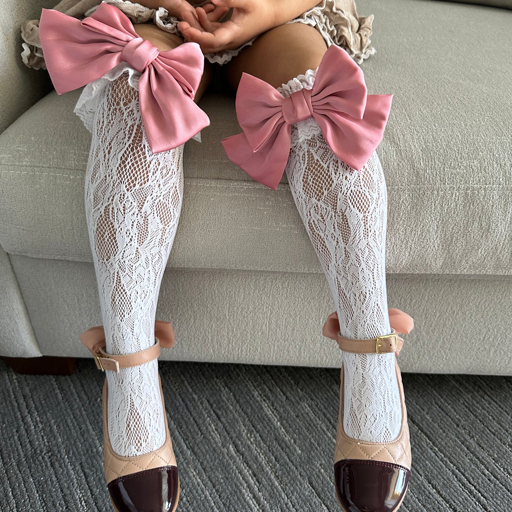 Girl | Lola Lace socks with satin Bow | White x Mauve