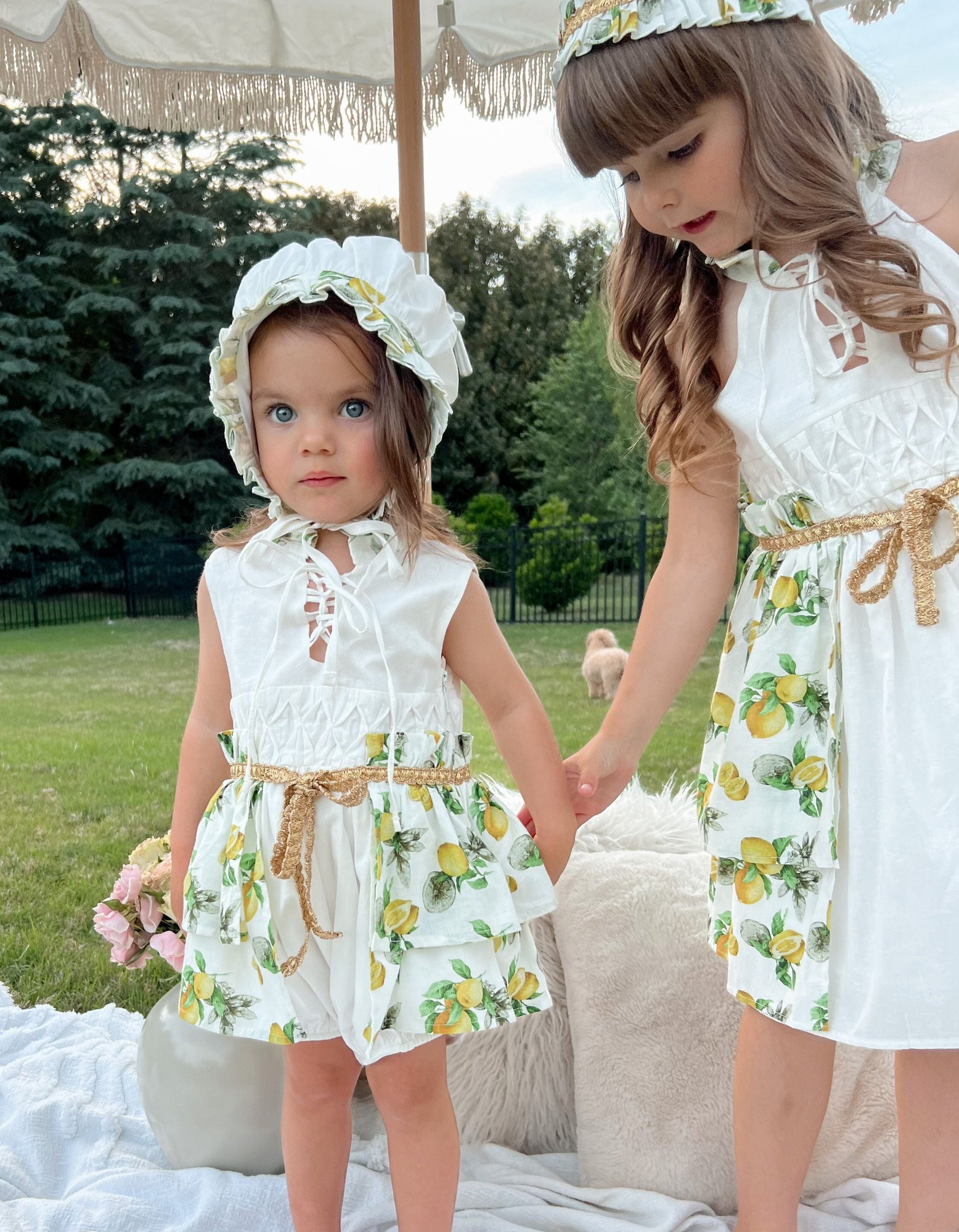 Girl | Amalfi Lemon Print Linen Romper | White x Green x Yellow
